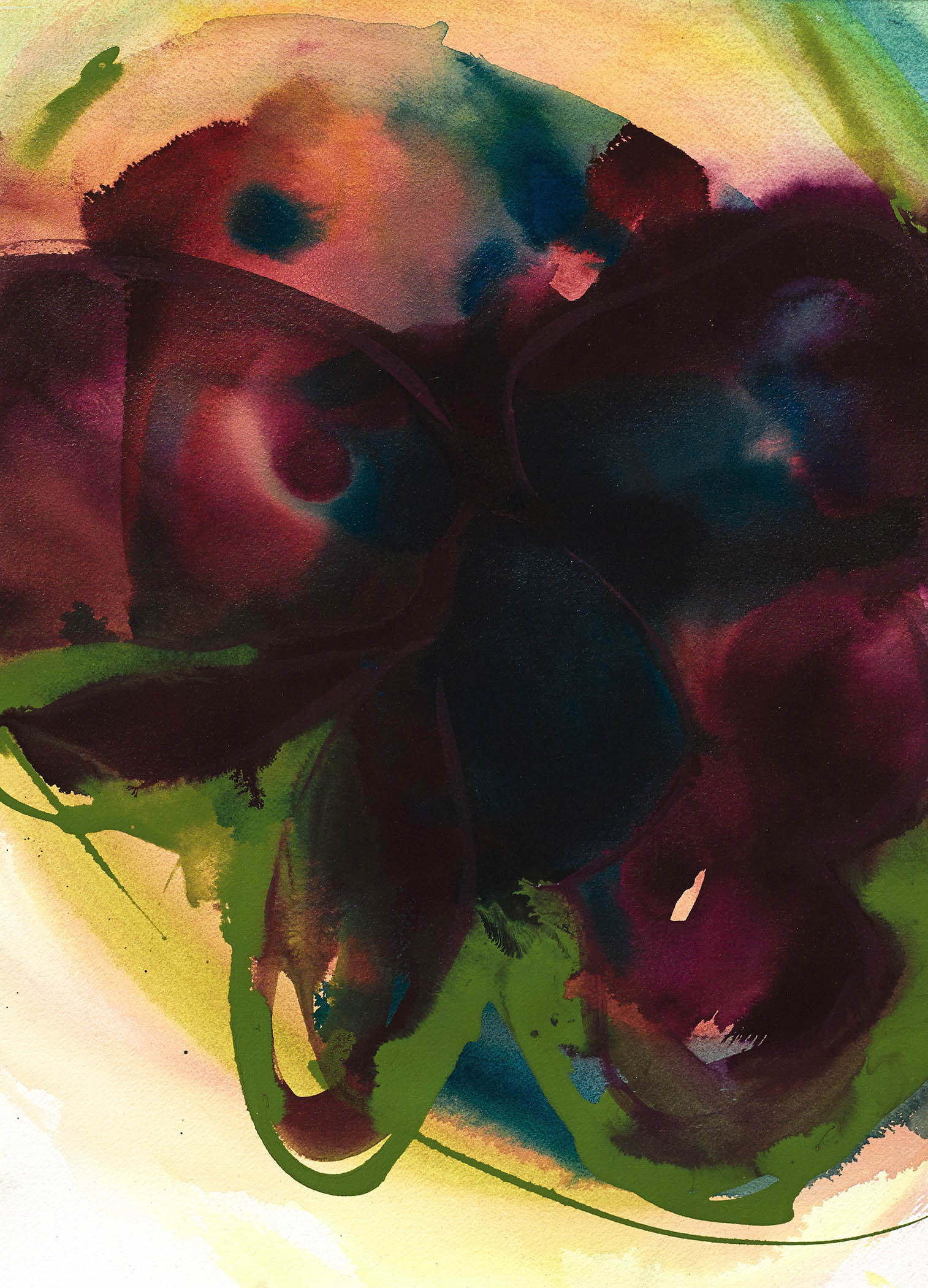 Moody watercolor art with a crimson, emerald, and teal bloom melting into golden light and acidic green edges.