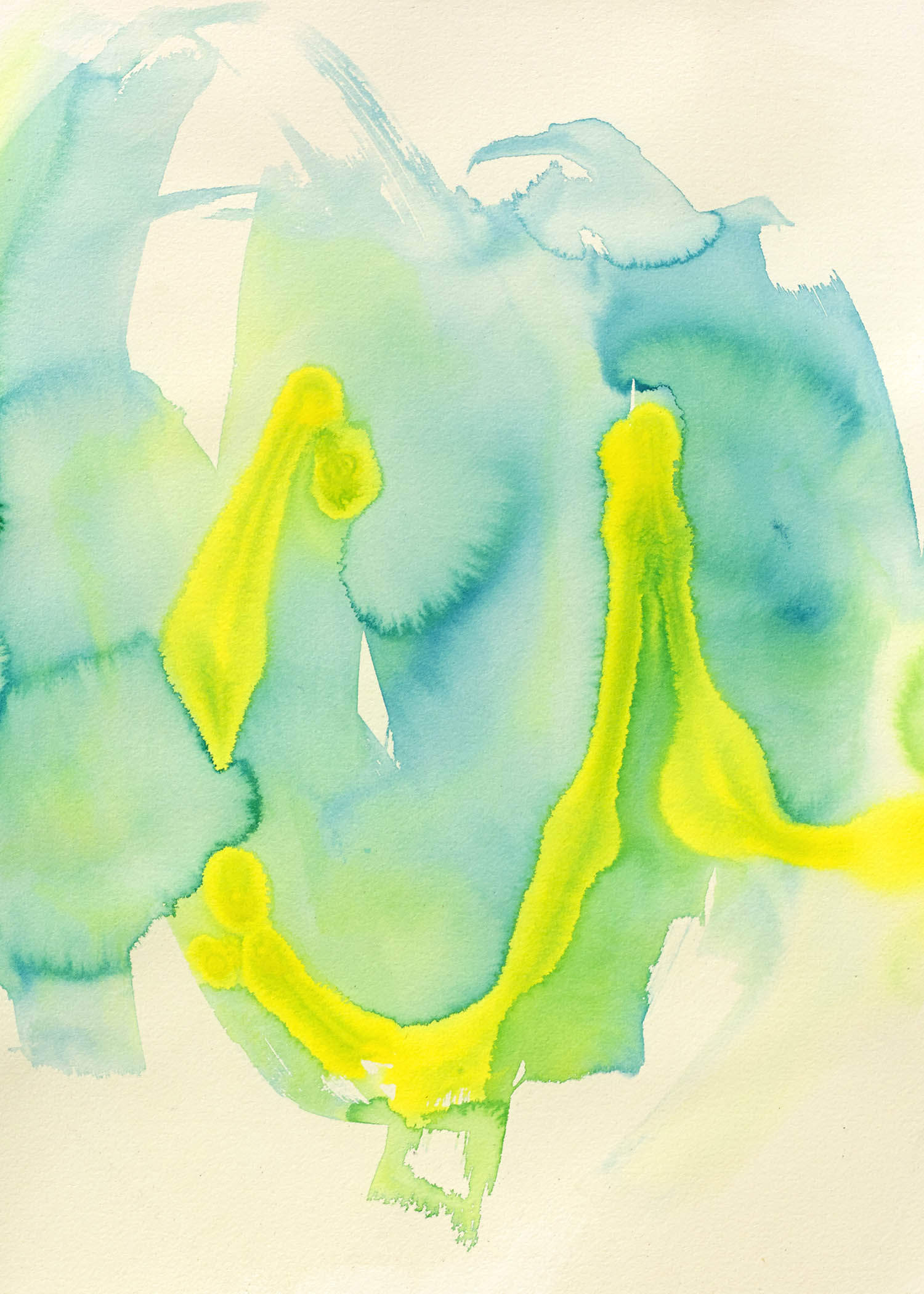 Light watercolor abstract art with lemon yellow streaks blending into soft aqua and mint gradients, creating an airy, effervescent bloom.