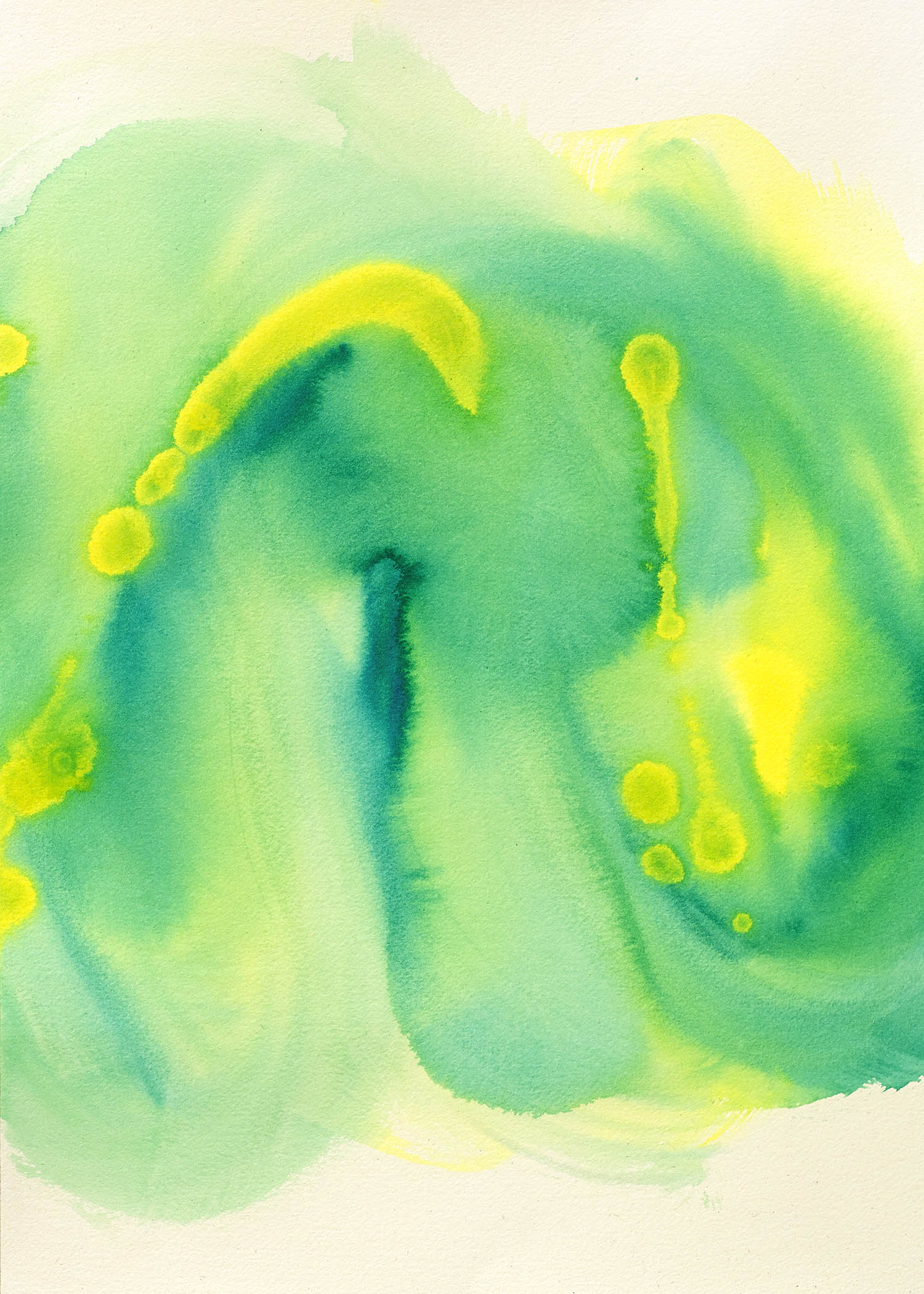 Tropical watercolor abstract art with acidic yellow blending into turquoise and lime, creating a fluid and luminous composition.