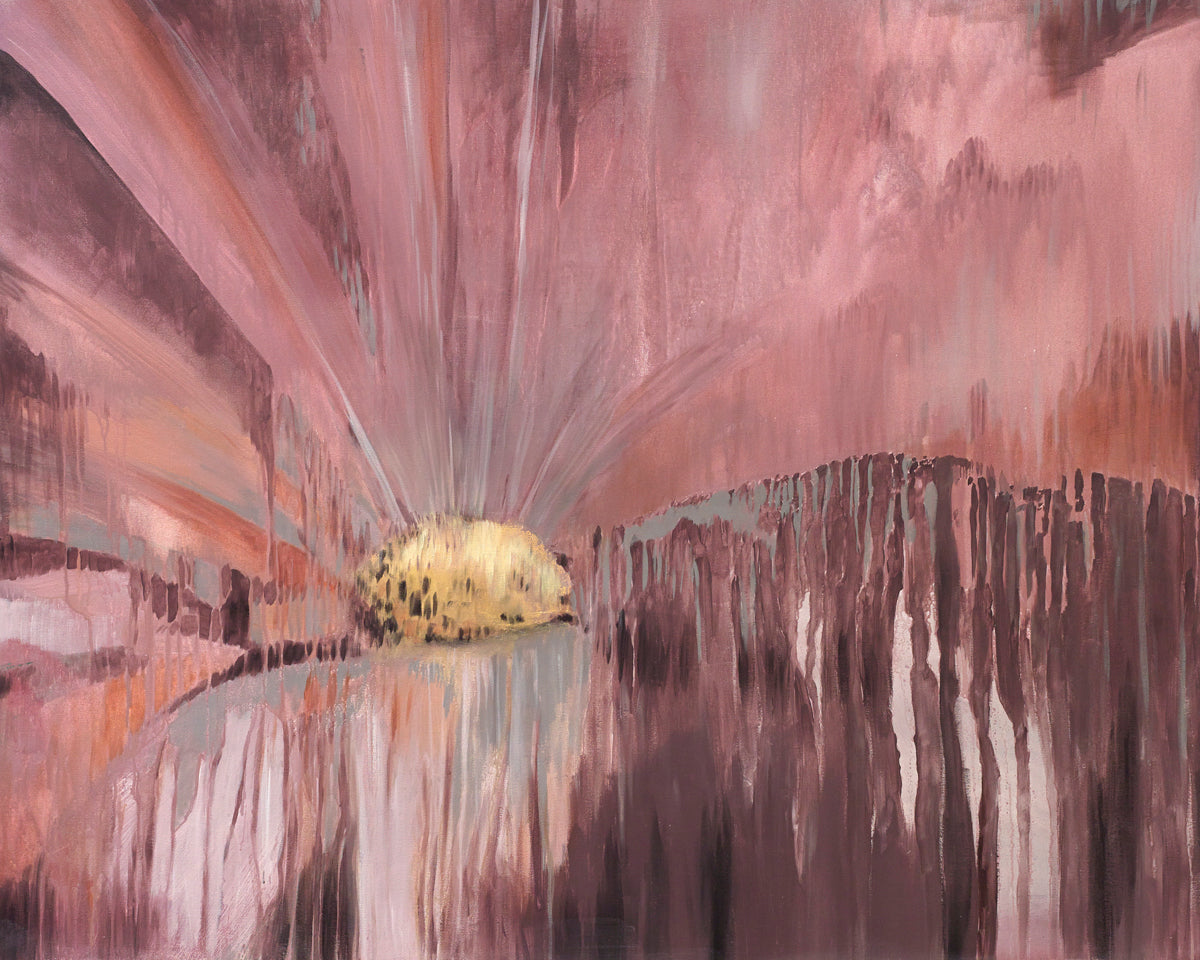 Ethereal abstract art with golden bloom and mauve tones, softly layered and glowing with warm light.