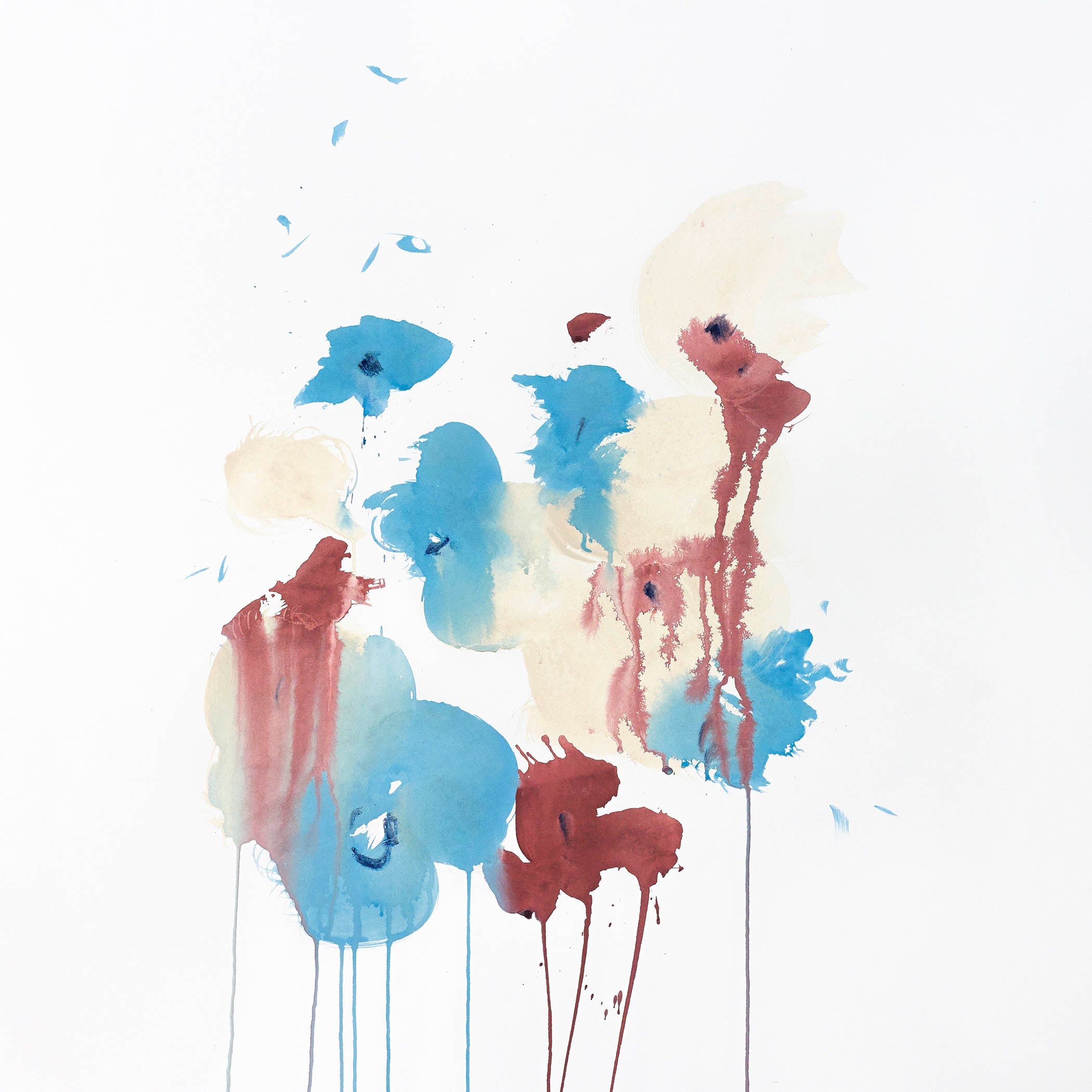 Minimalist watercolor painting with soft blue, crimson, and cream tones fading into white.