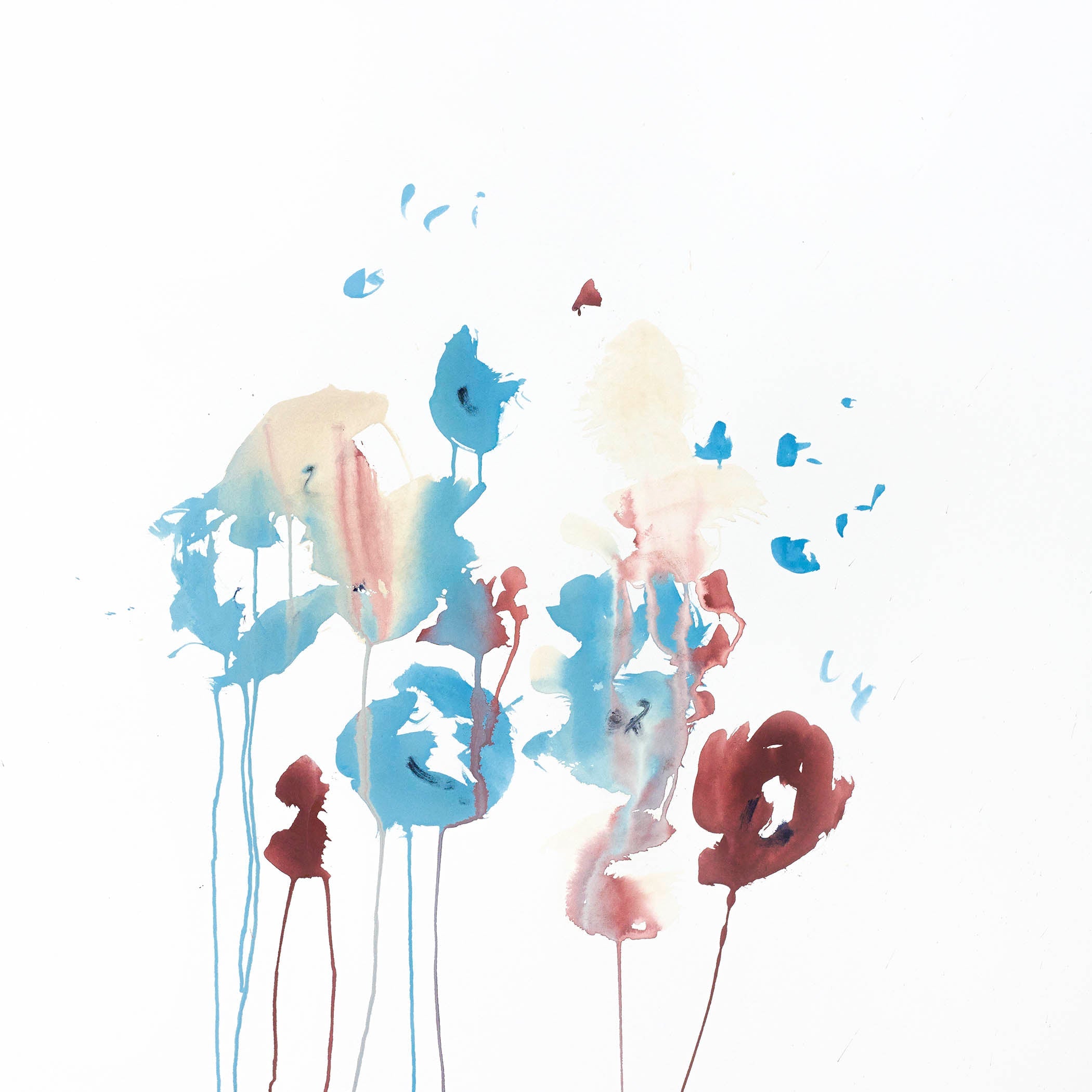 Delicate watercolor painting with blue, crimson, and blush streaks dripping on white background.