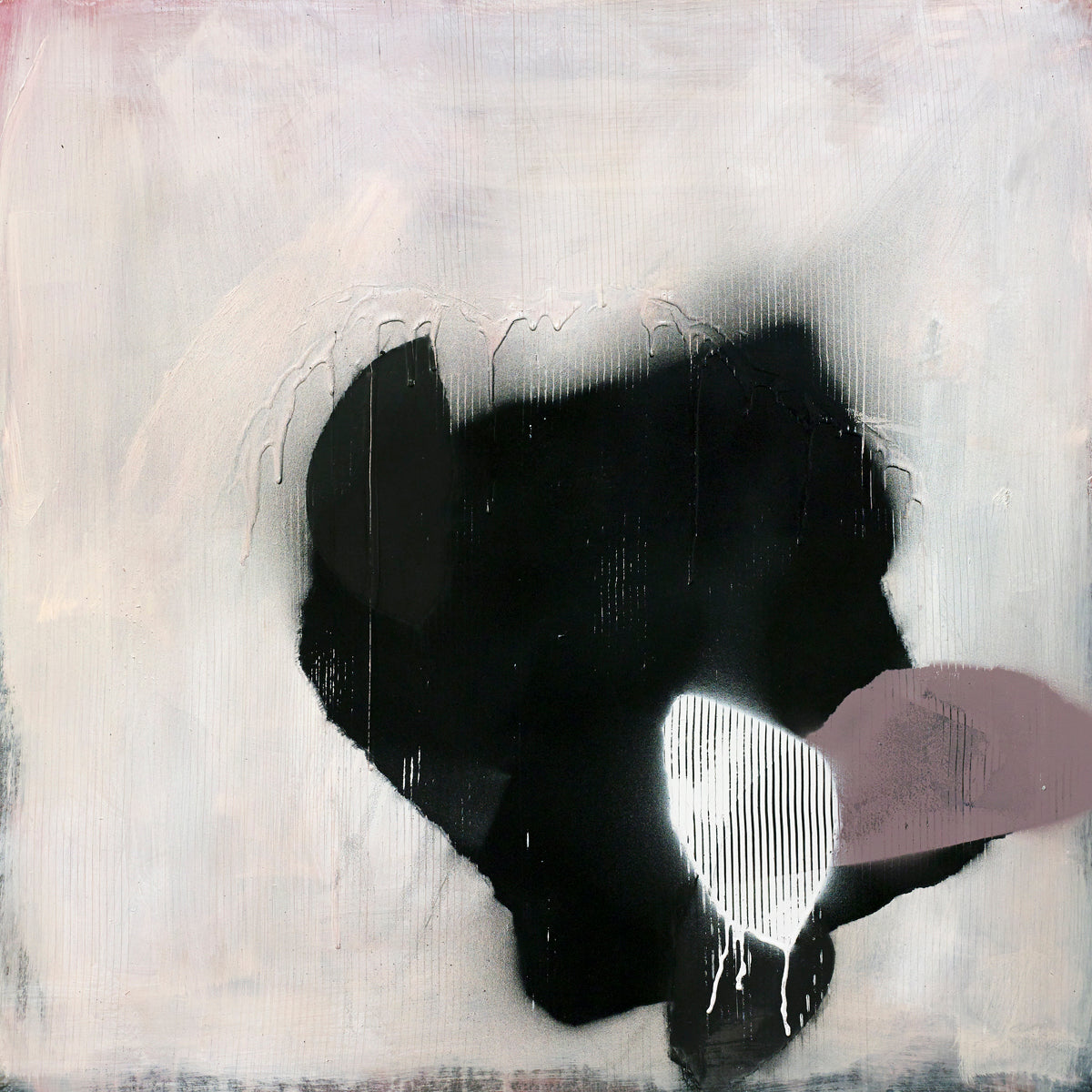 Stark abstract painting with black mass, striped white form, and mauve smear, exploring texture, balance, and tension.