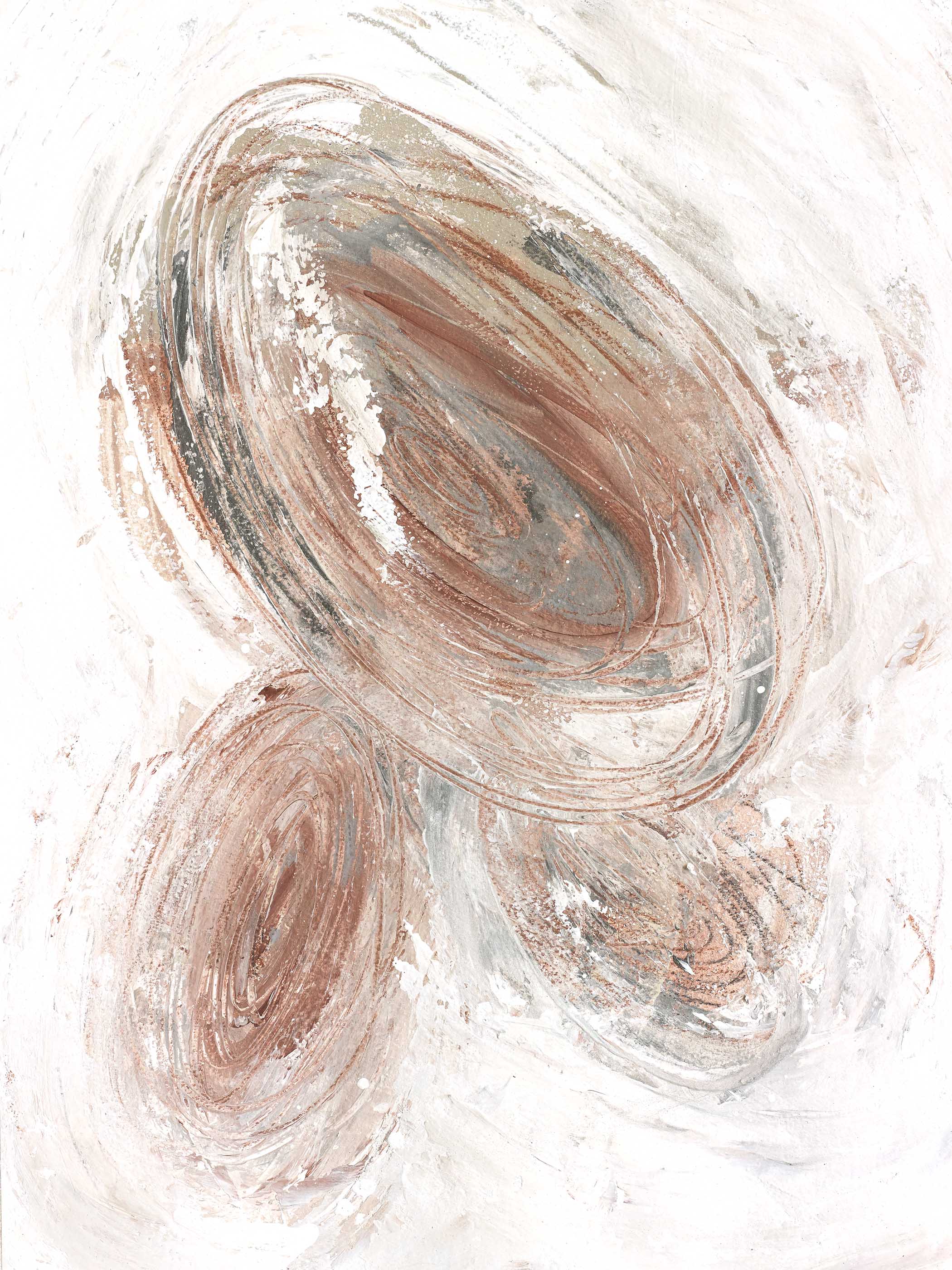 Textured abstract composition with soft clay and neutral tones, featuring swirling elliptical forms and layered white flecks.