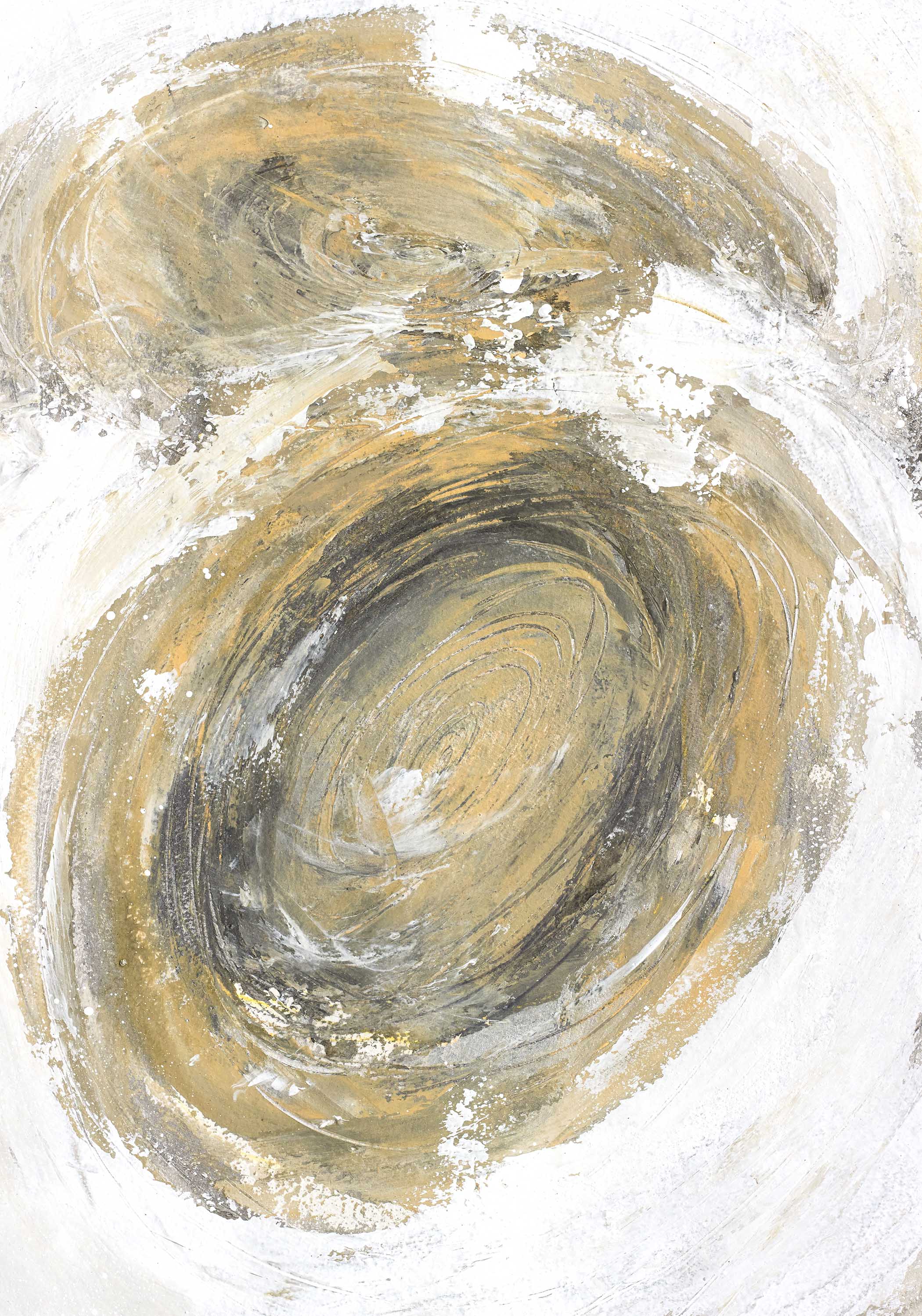 Earthy abstract painting with ochre and gray ovals over textured white fields, evoking grounded, meditative motion.