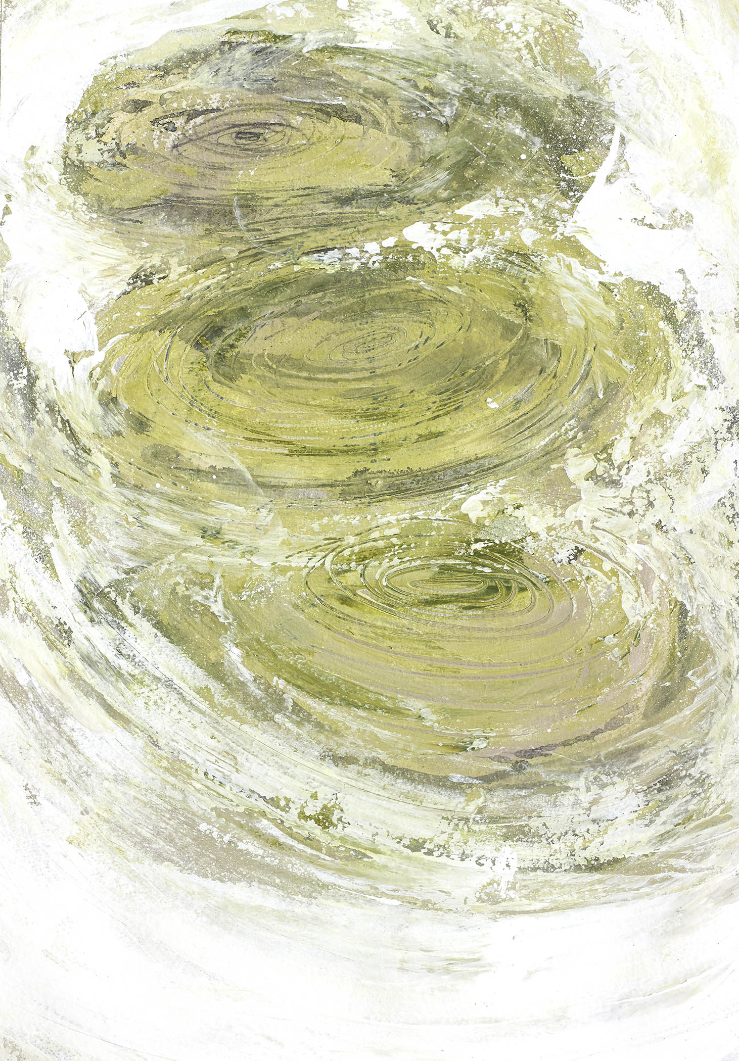 Organic minimalist canvas with olive and gold swirls layered in white, evoking calm transformation and natural balance.