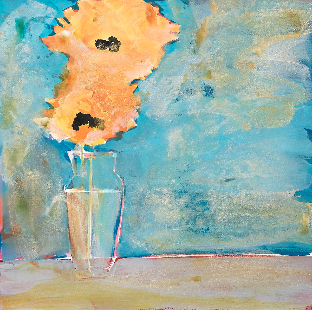 Modern floral still life with peach and gold bloom in a translucent vase against textured blue, expressive and minimal in tone.