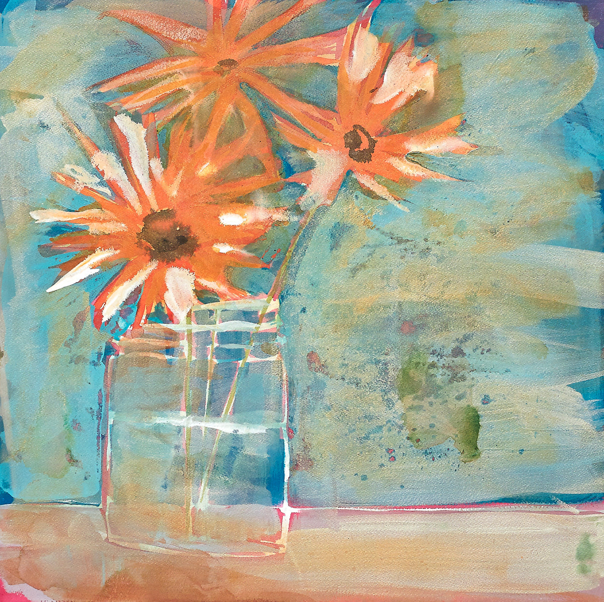 Expressive still life painting with orange and white petals bursting from a jar of water, evoking light, joy, and painterly energy.