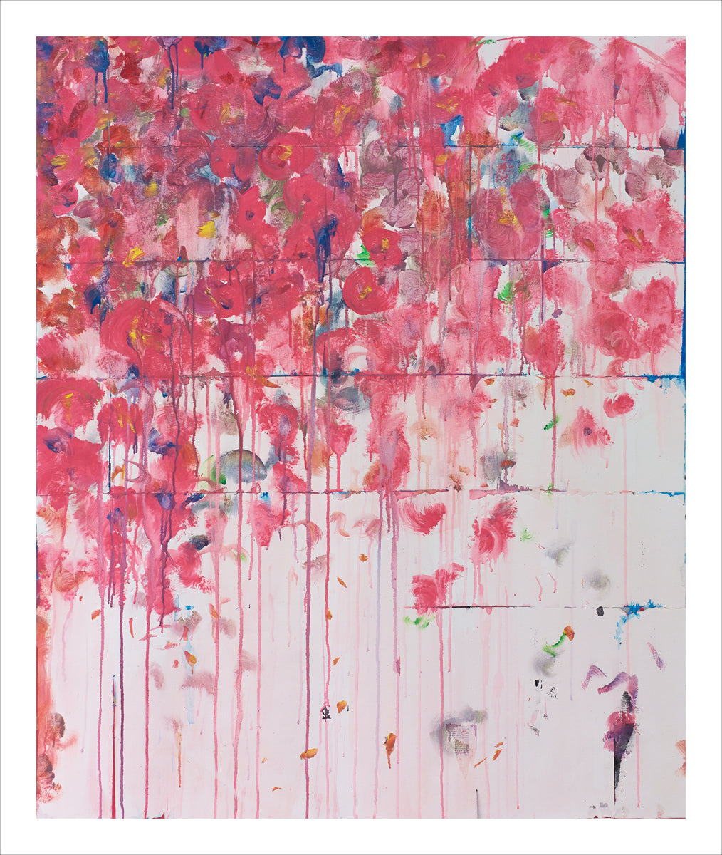 Floral abstract painting with fuchsia petals spilling downward into white space, evoking vibrant chaos, dripping color, and painterly bloom.