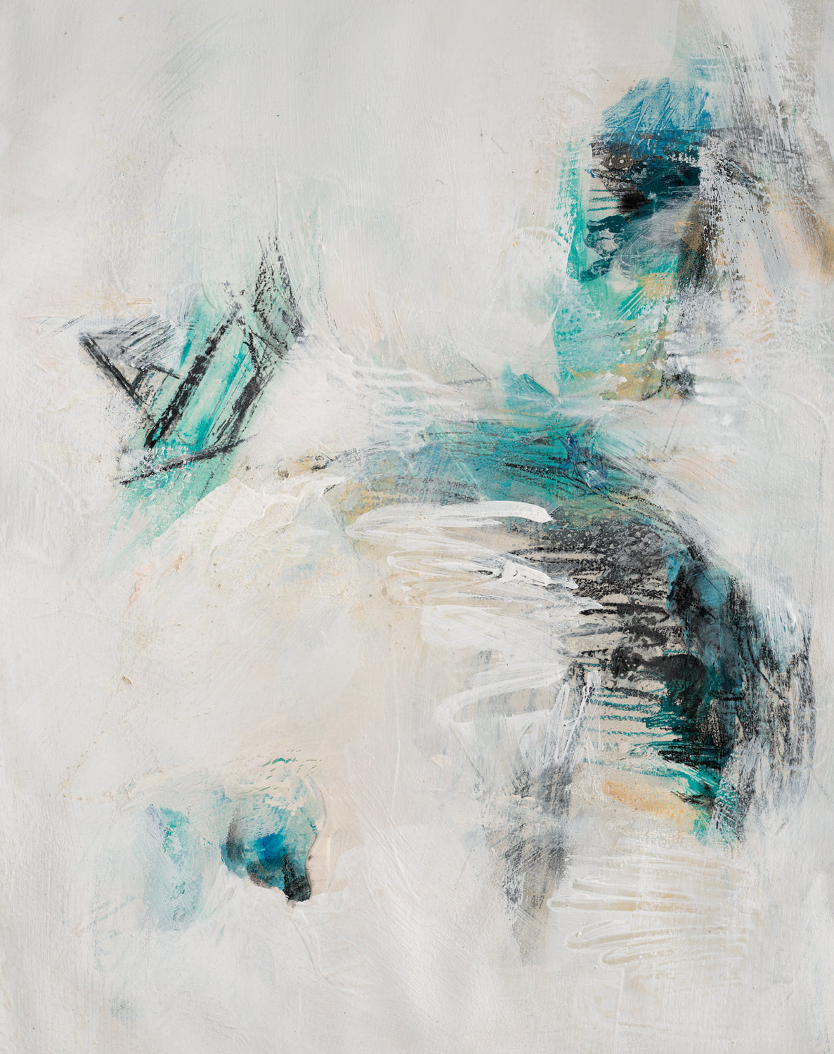 Energetic abstract painting with teal, charcoal, and white strokes slashing and dissolving across the canvas, evoking turbulence and raw grit.