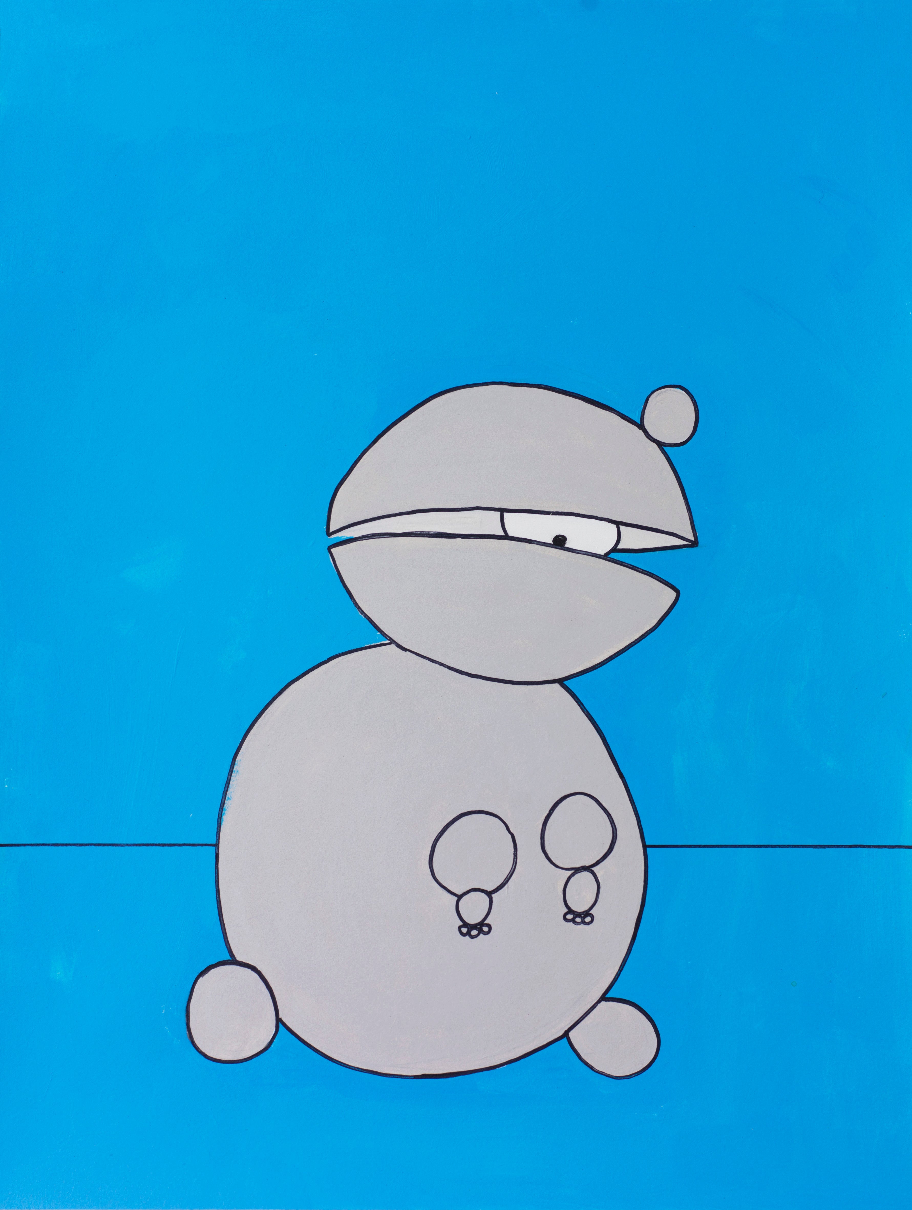 Playful robot painting of a round minimalist figure with a side-eye on a bold blue backdrop, blending cartoon clarity and futuristic humor.