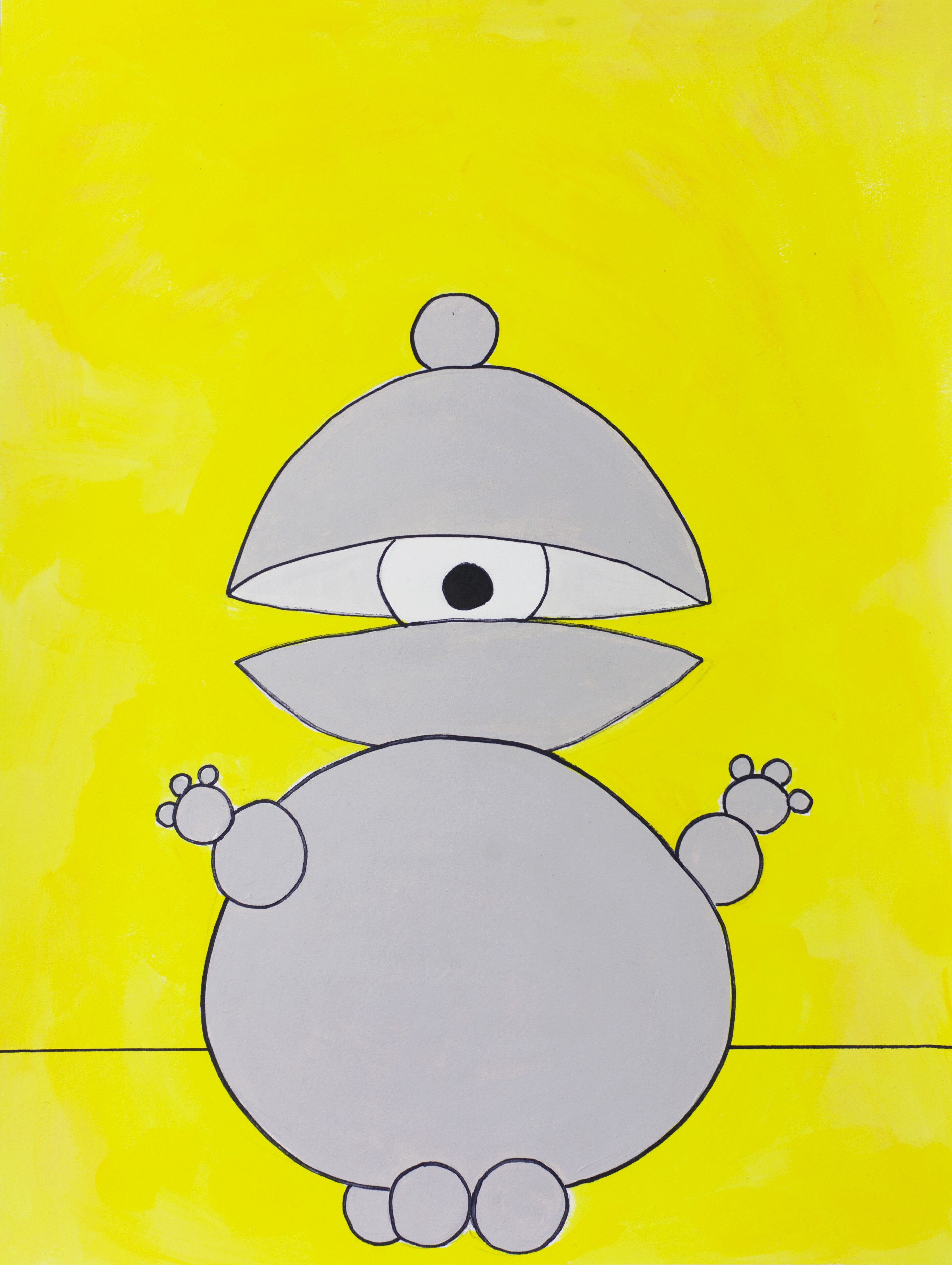 Pop art robot painting with wide eye, domed head, round body, and bubble-like hands on a vibrant yellow backdrop, bold and whimsical.