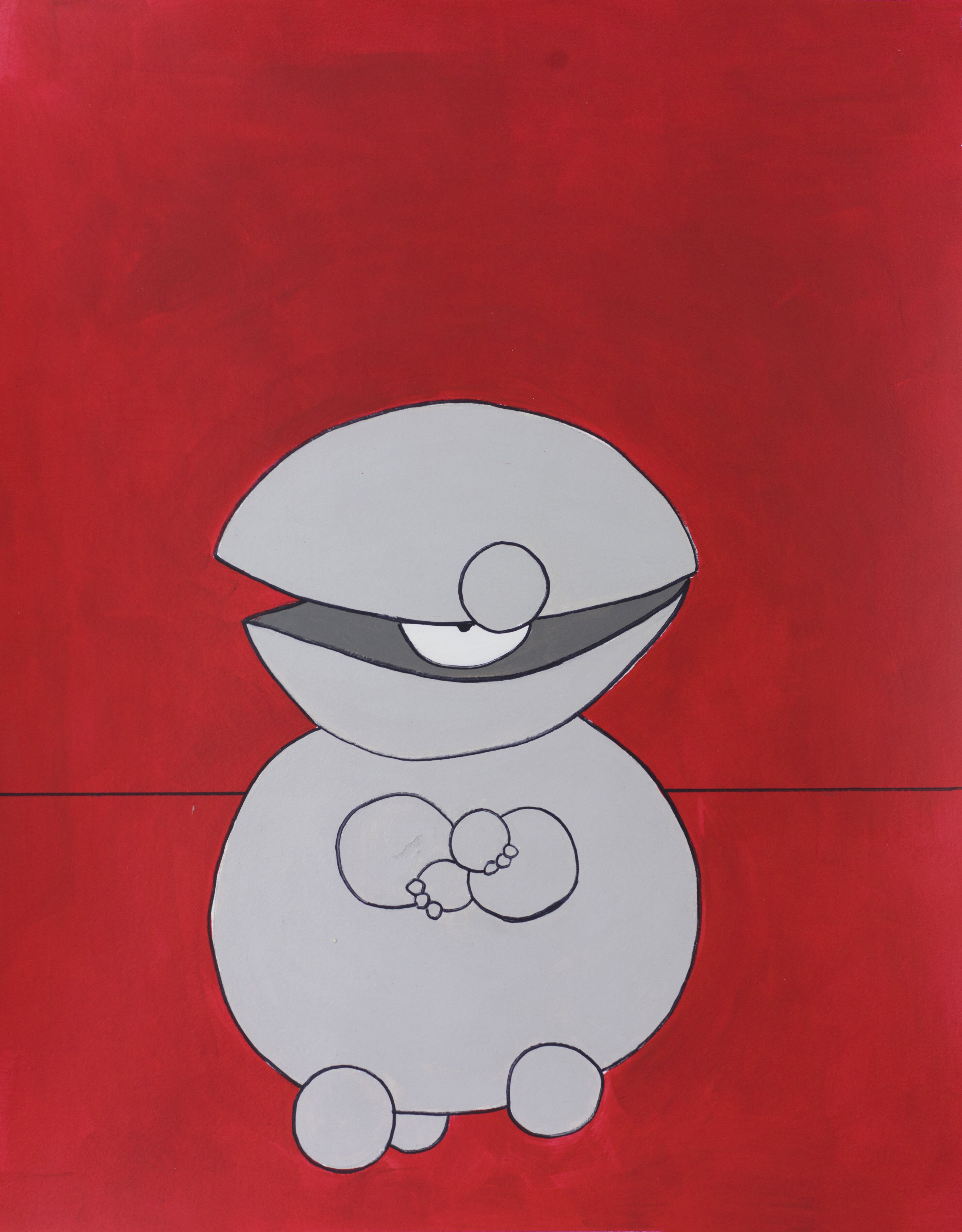 Whimsical robot painting of a round bot with sly smile and clasped hands on a bold red backdrop, radiating humor, charm, and minimalism.