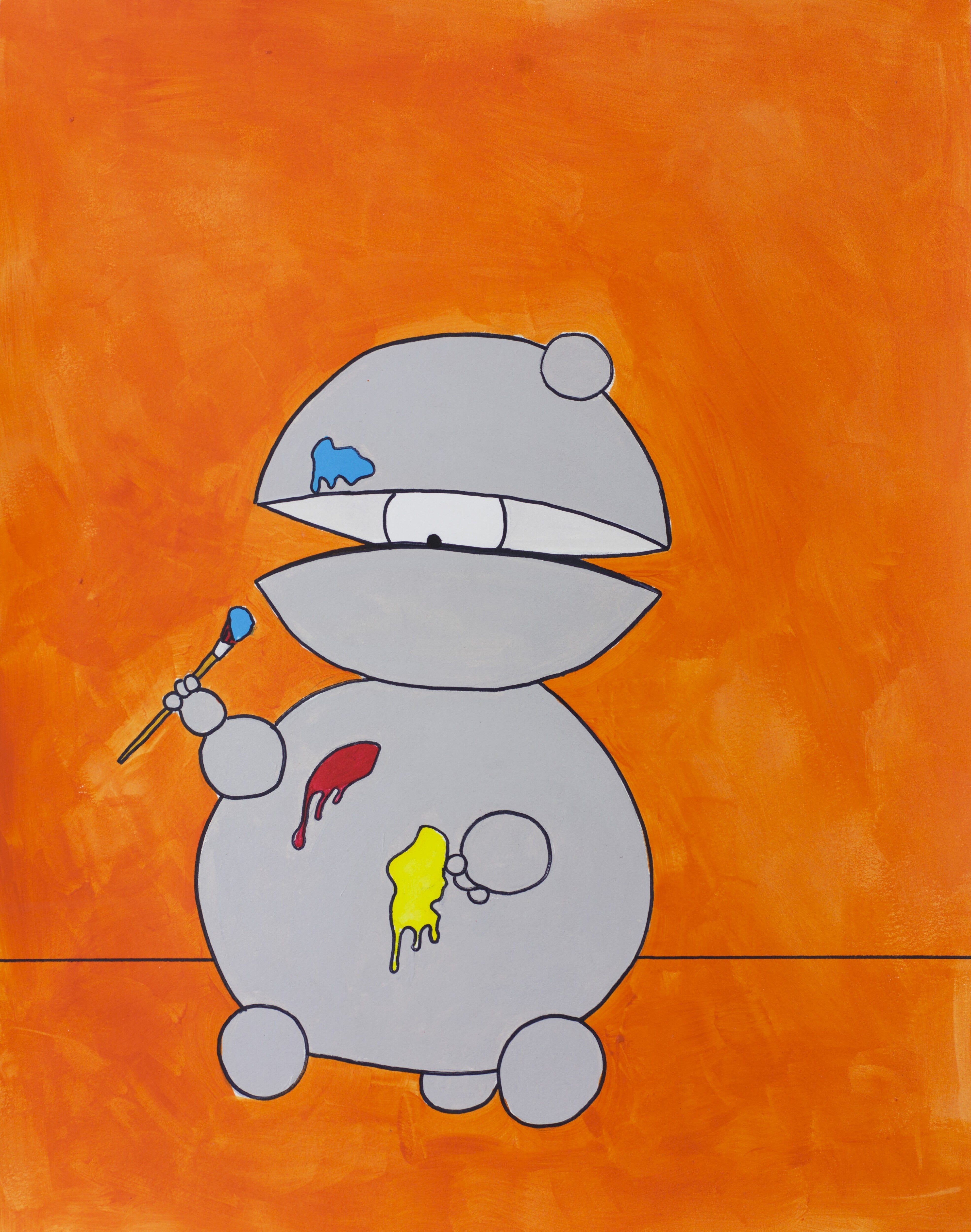 Playful robot painting of a wide-eyed figure holding a brush, splattered with primary colors on a fiery orange backdrop, cute and chaotic.