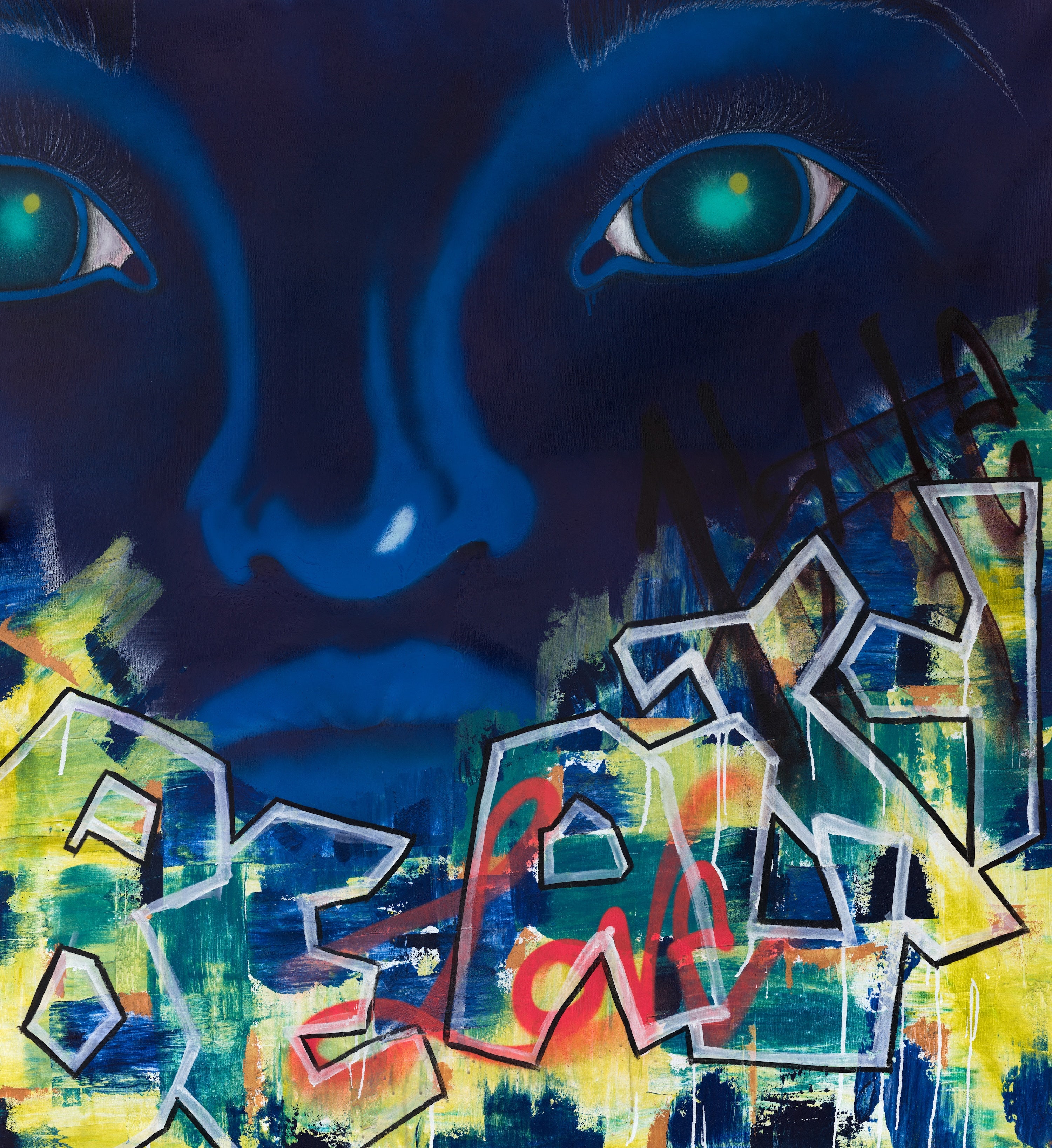 Street art portrait painting with glowing eyes emerging from deep indigo, layered with neon graffiti marks and raw color expressing emotional intensity.