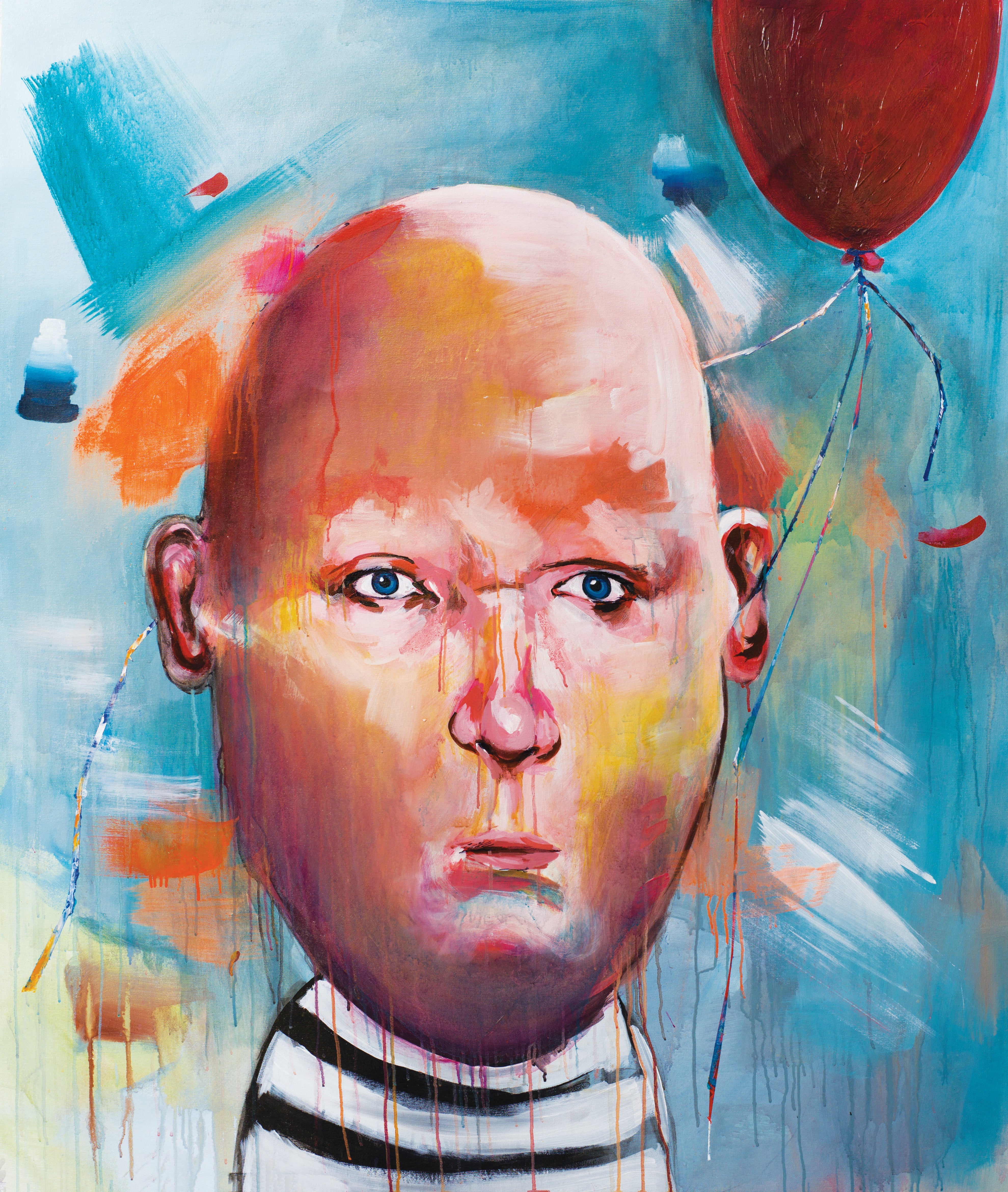 Surreal abstract portrait of a bald, balloon-tethered figure with neon drips and expressive emotion.