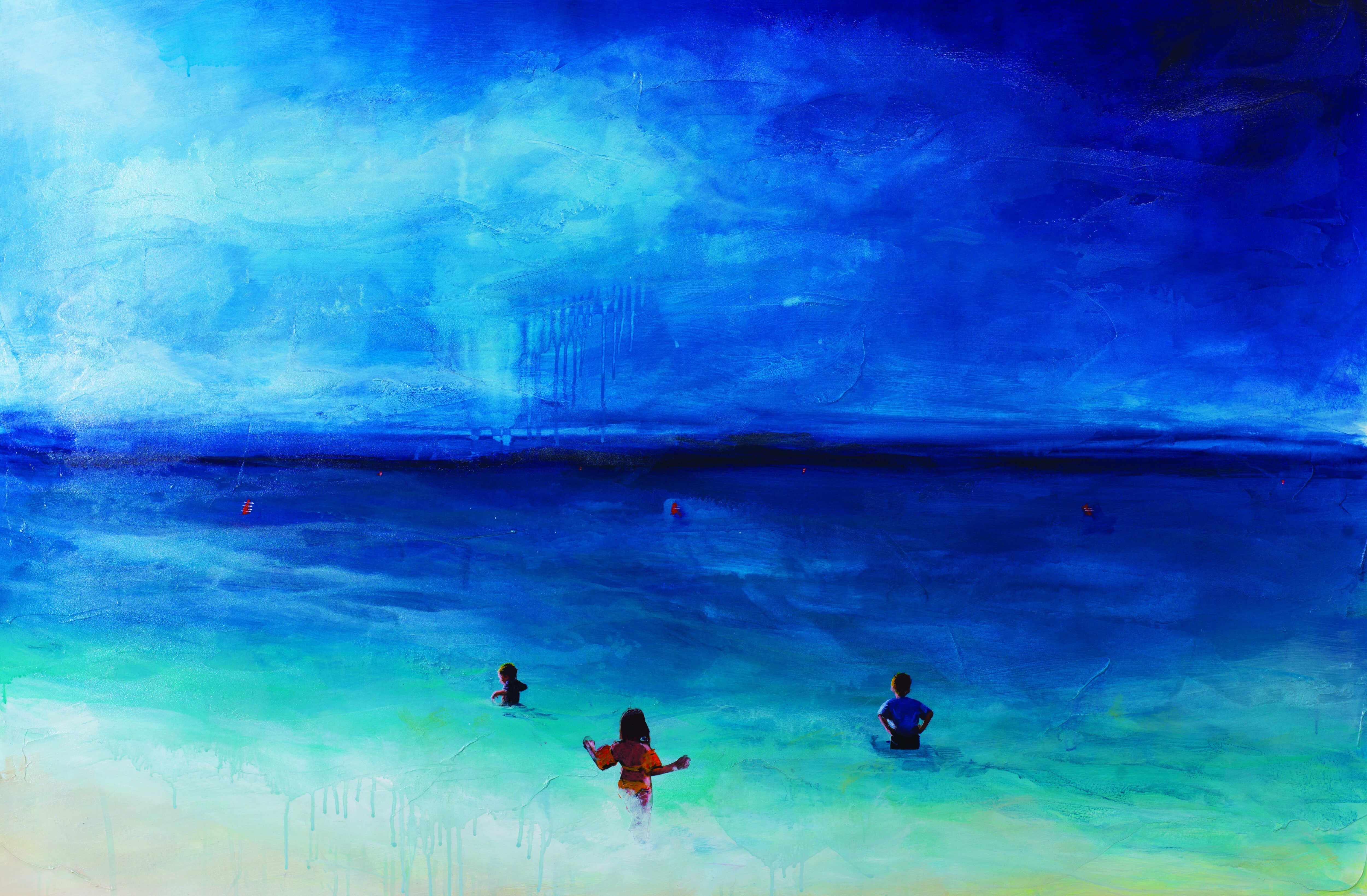 Nostalgic coastal artwork featuring three children wading into an endless blue sea and sky.