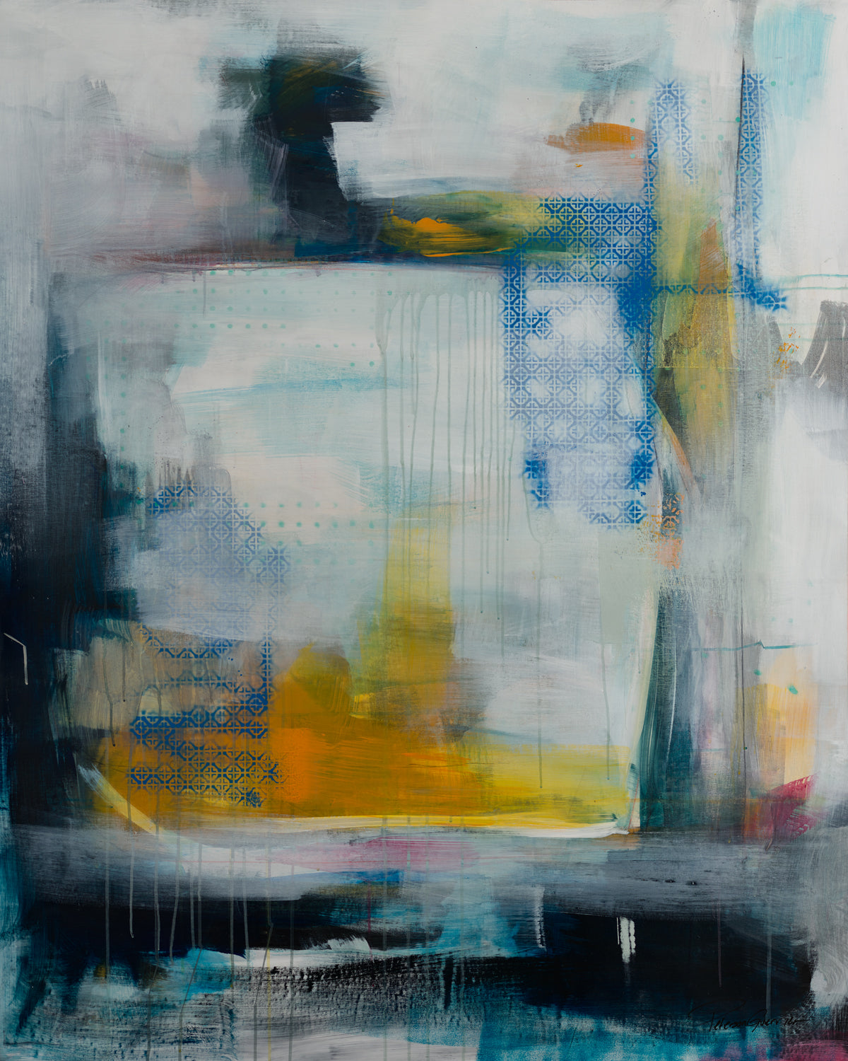 17 Days abstract painting with layered teal, gold, and ghosted patterns, featuring drips and bold gestures that evoke memory and atmosphere.