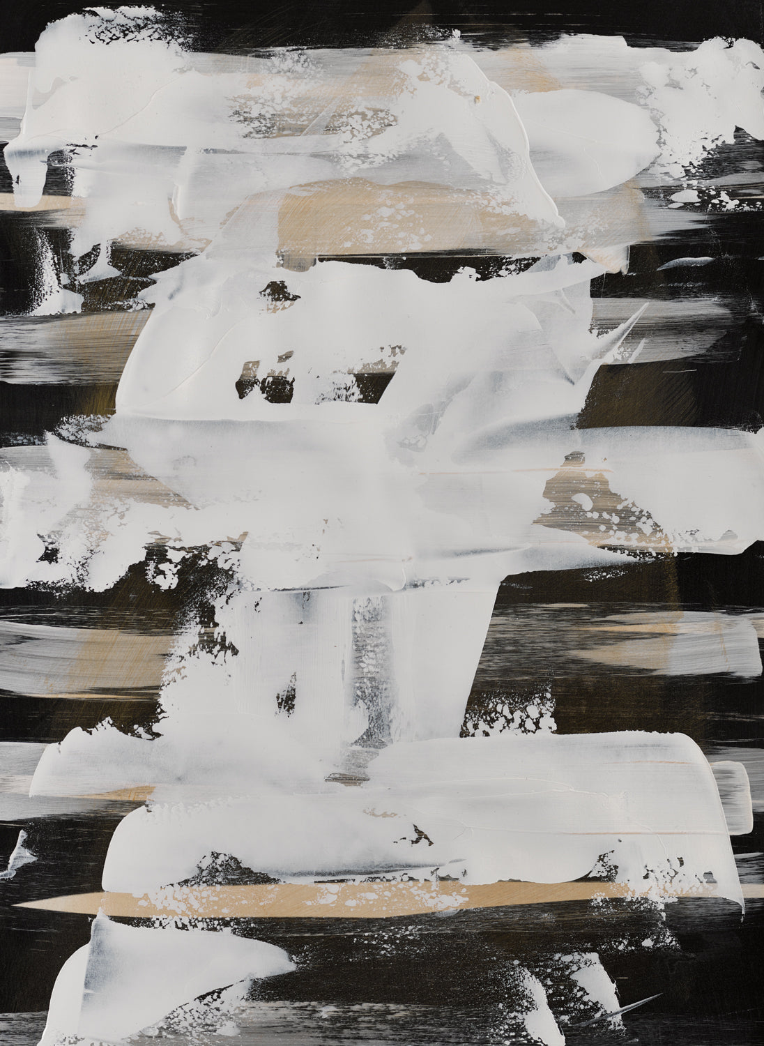 Textural minimal abstract with bold black, beige, and sweeping white strokes.