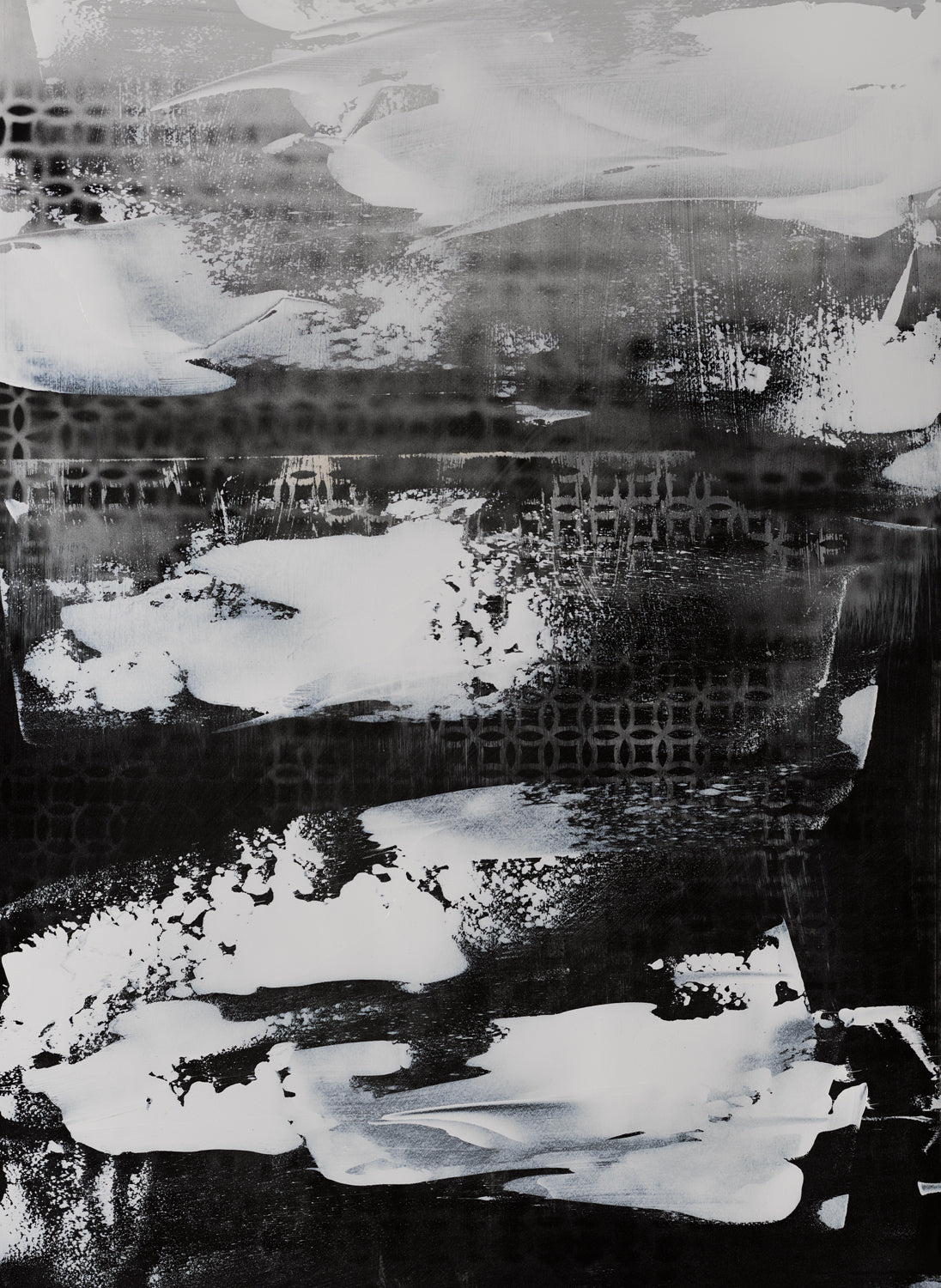 Monochrome minimal abstract with textured black fields, white streaks, and soft ghosted patterns.