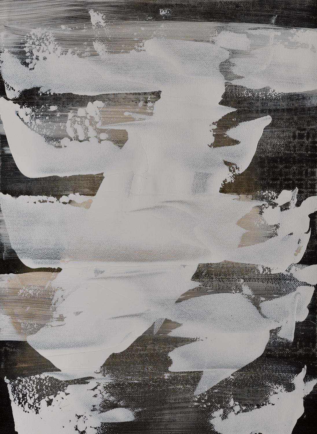 Neutral abstract composition with bold white strokes over textured black and taupe.