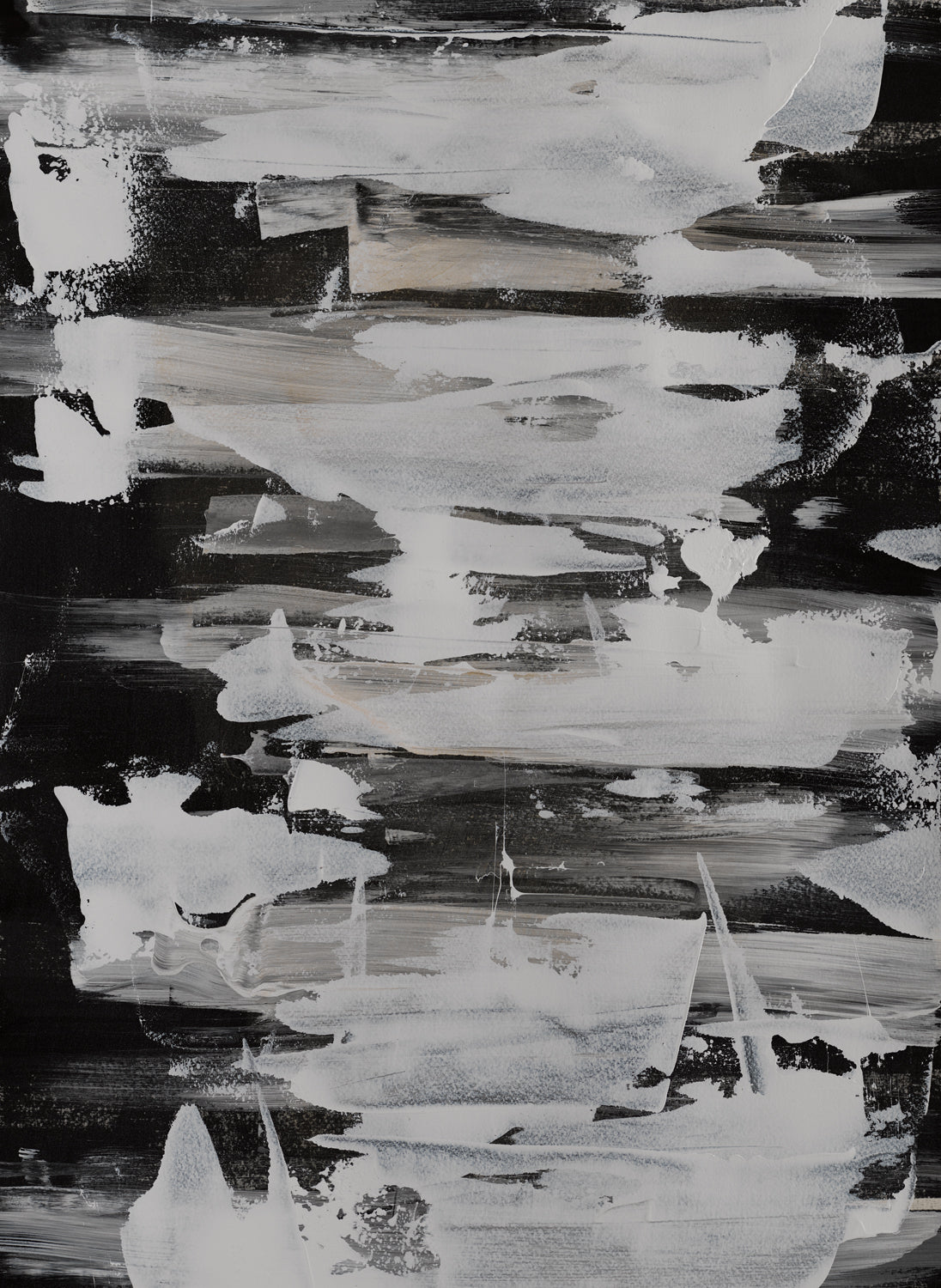 Minimal abstract gesture with sweeping white marks across layered black and neutral tones.