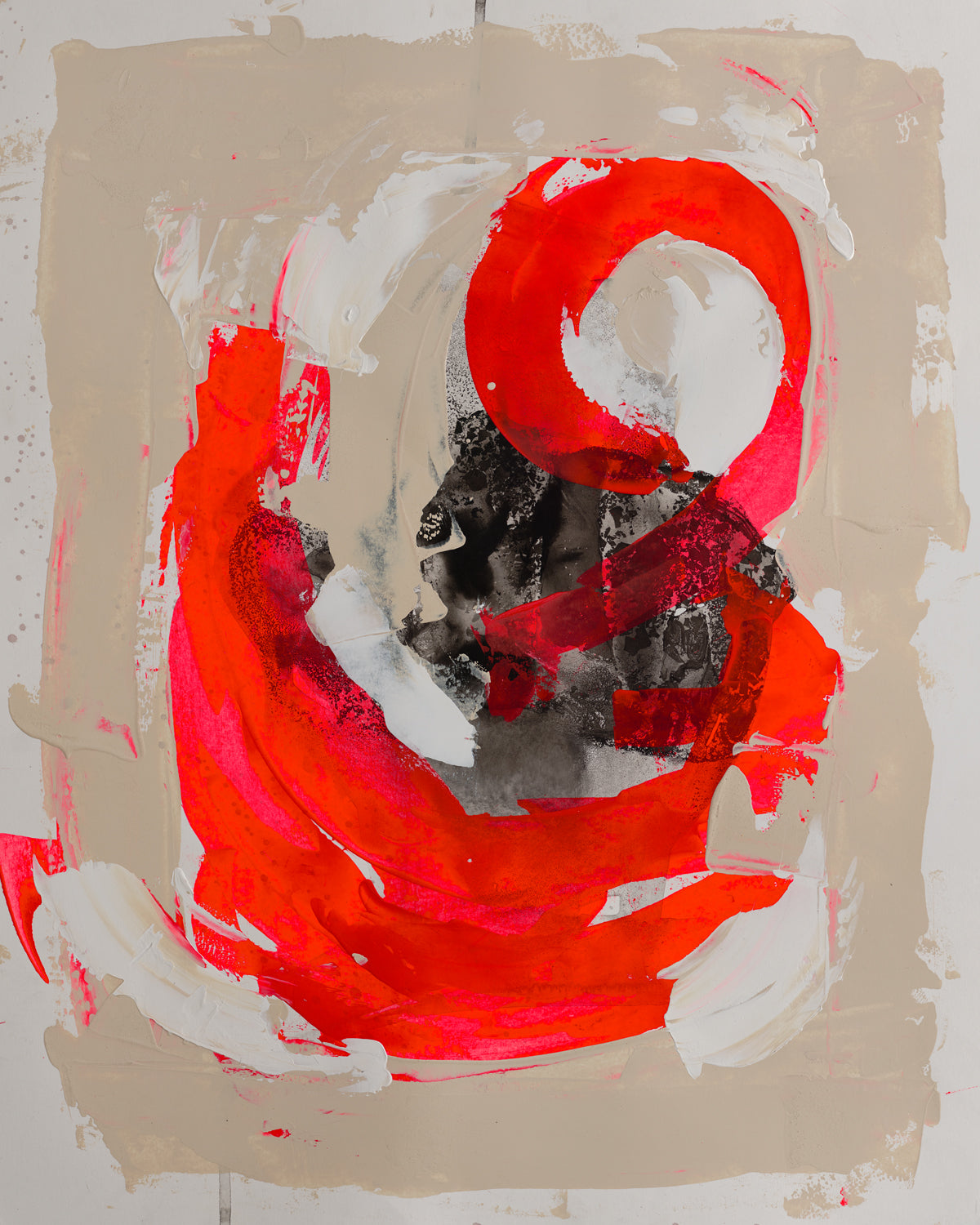 Fiery abstract art with swirling crimson and coral tones against taupe, evoking passion, movement, and eruptive energy.