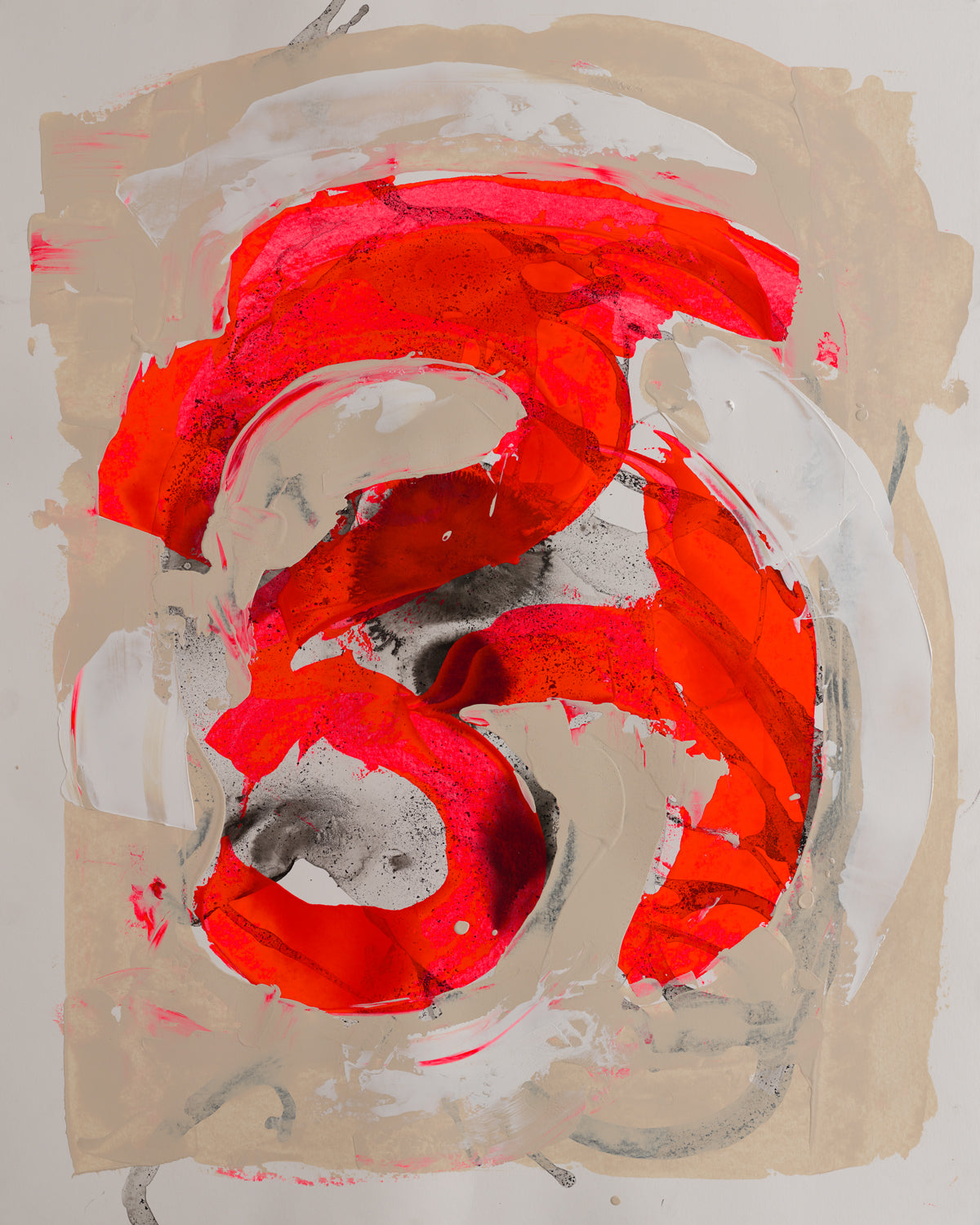 Molten color abstraction with crimson and neon pink spiraling through taupe and black, evoking heat, motion, and radiant energy.