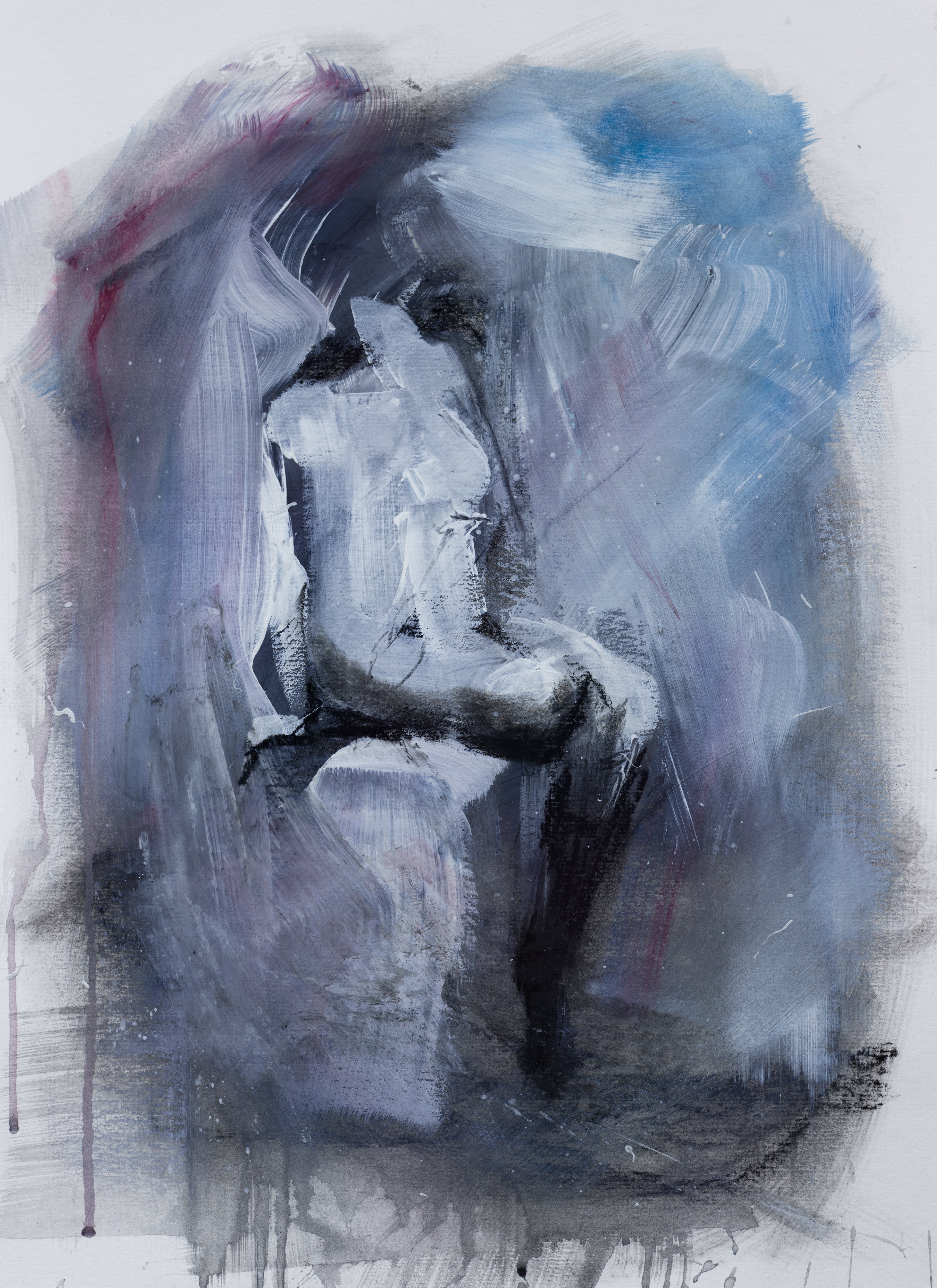 Ghostly torso in whites and grays with hints of crimson and ice blue, twisting in mid-motion with expressive, raw texture.