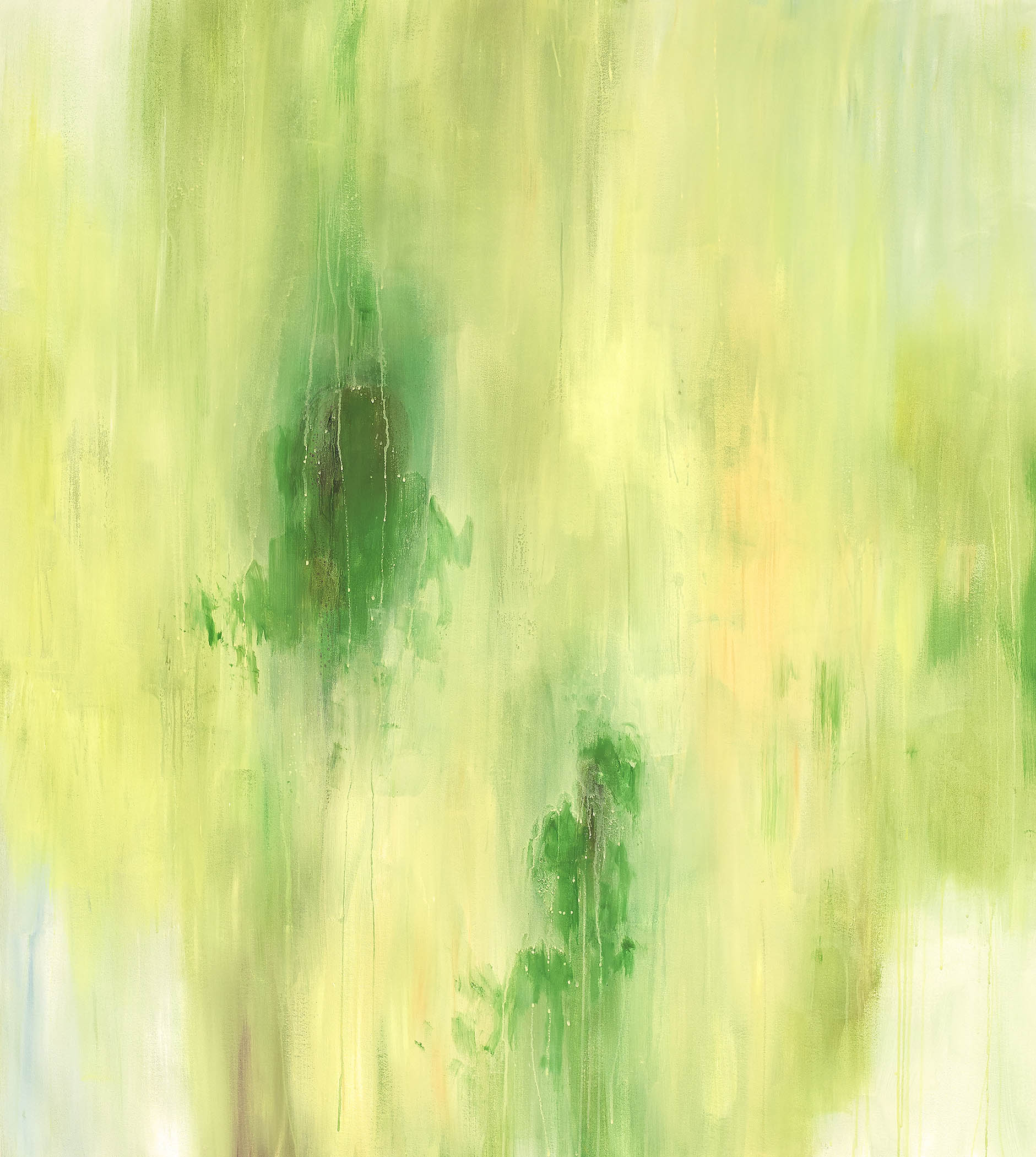Abstract painting with a soft cascade of lime chartreuse and spring green drifting like filtered light through forest mist with hazy fleeting organic forms