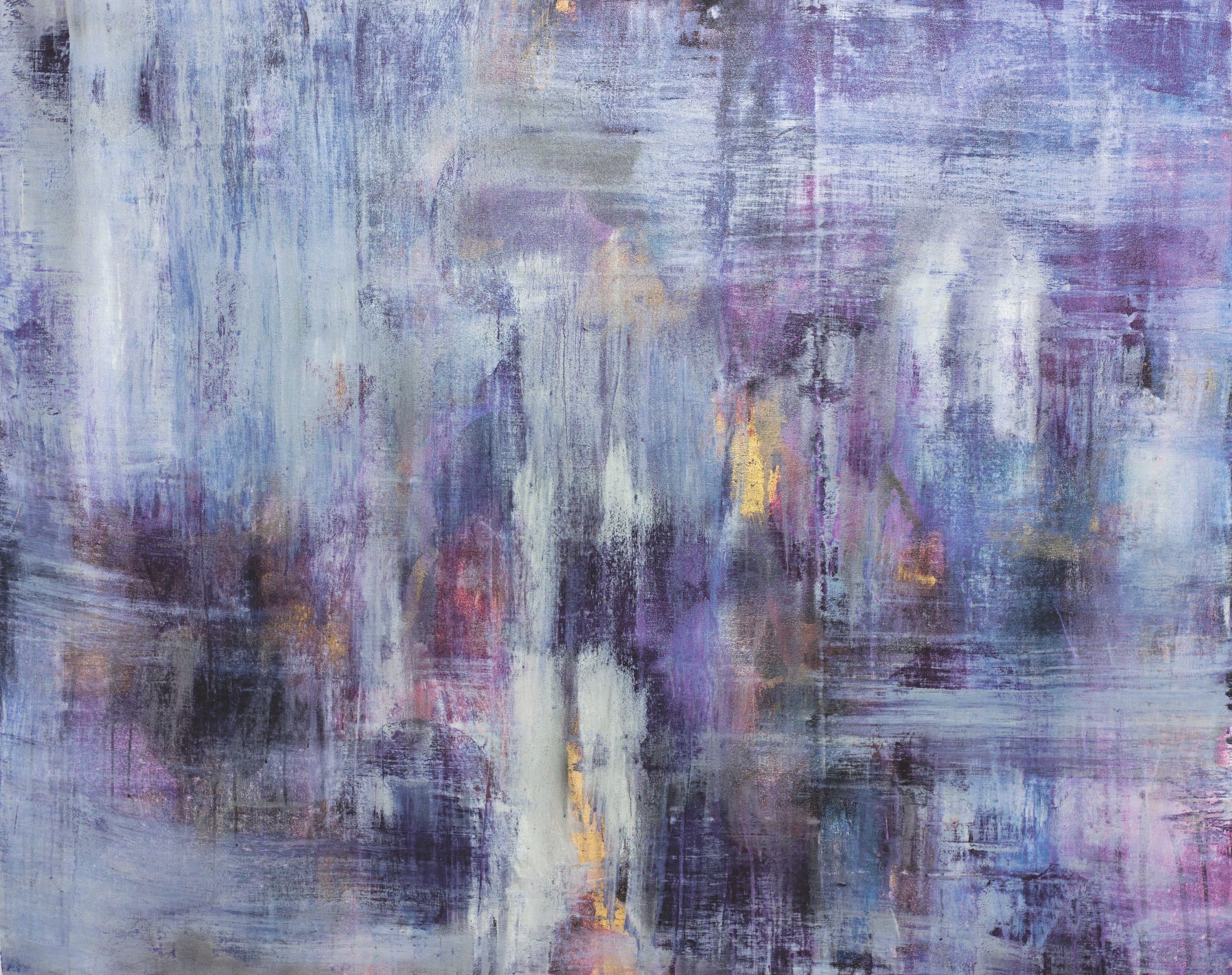 Abstract cityscape art with soft veils of violet, indigo, and pale gold, evoking distant city lights reflected through mist in a dreamlike landscape.