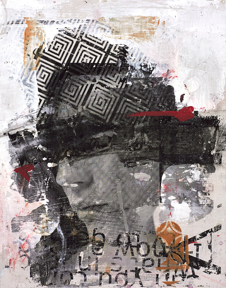 Urban collage portrait art with a haunting fragmented face layered with torn textures, geometric patterns, and smeared typography, evoking erosion and fractured identity.