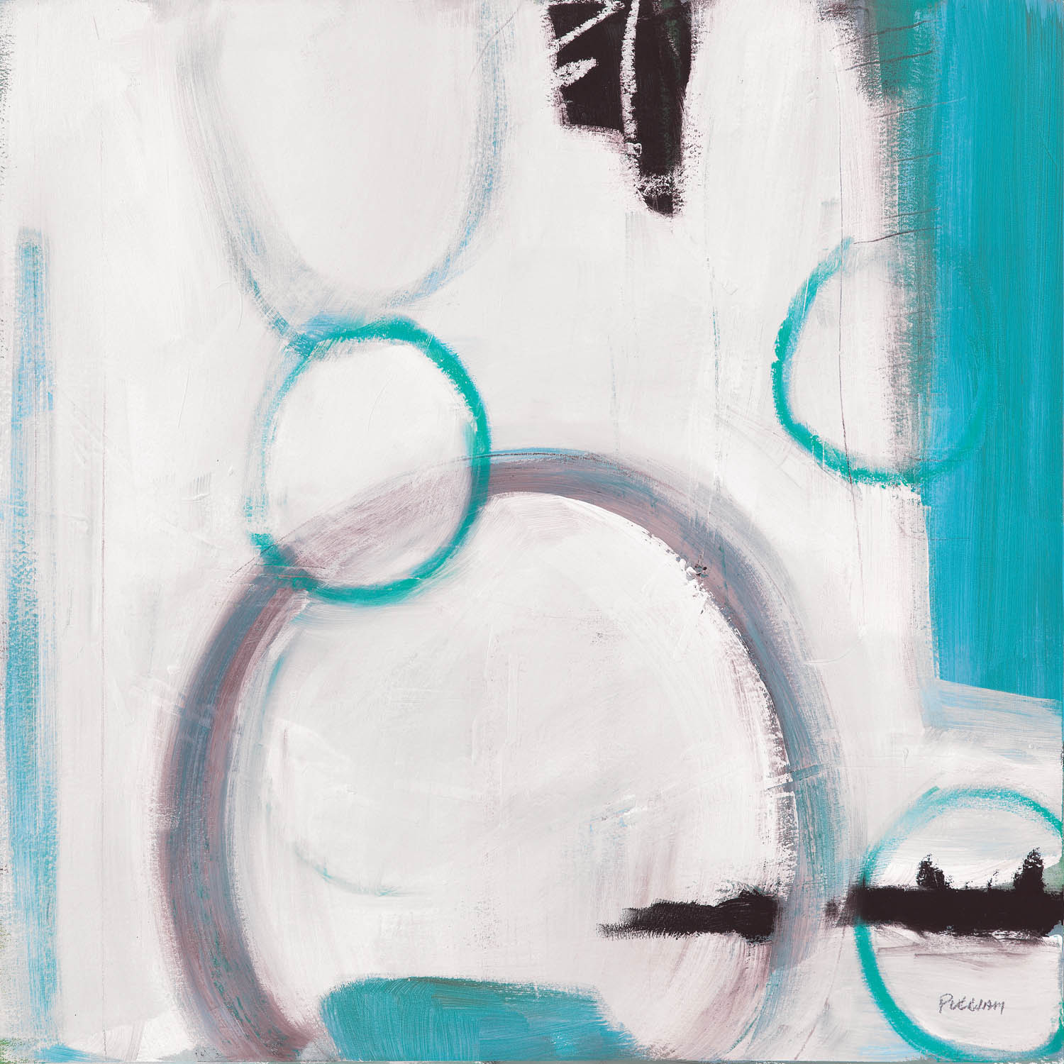 Energetic abstract painting with bold teal and charcoal circles on a soft white background, adding movement and modern sophistication