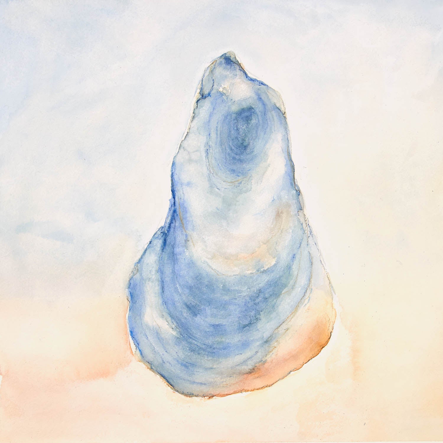 Minimalist watercolor art with soft ocean blue and sandy peach gradients forming a delicate shell-like shape suspended in pale light.