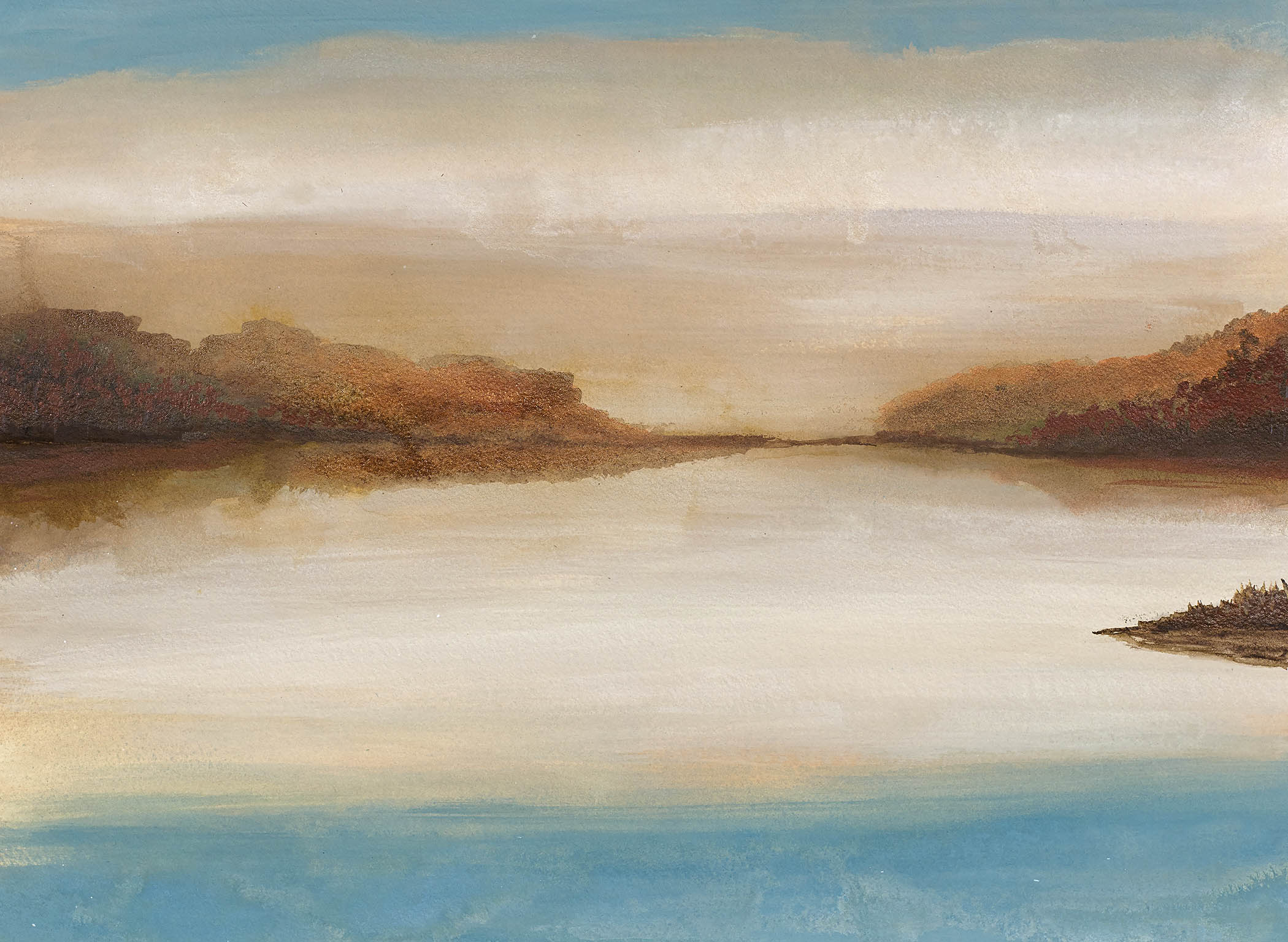 Peaceful autumn landscape painting with warm amber, rust, and blue tones reflected on a tranquil lake
