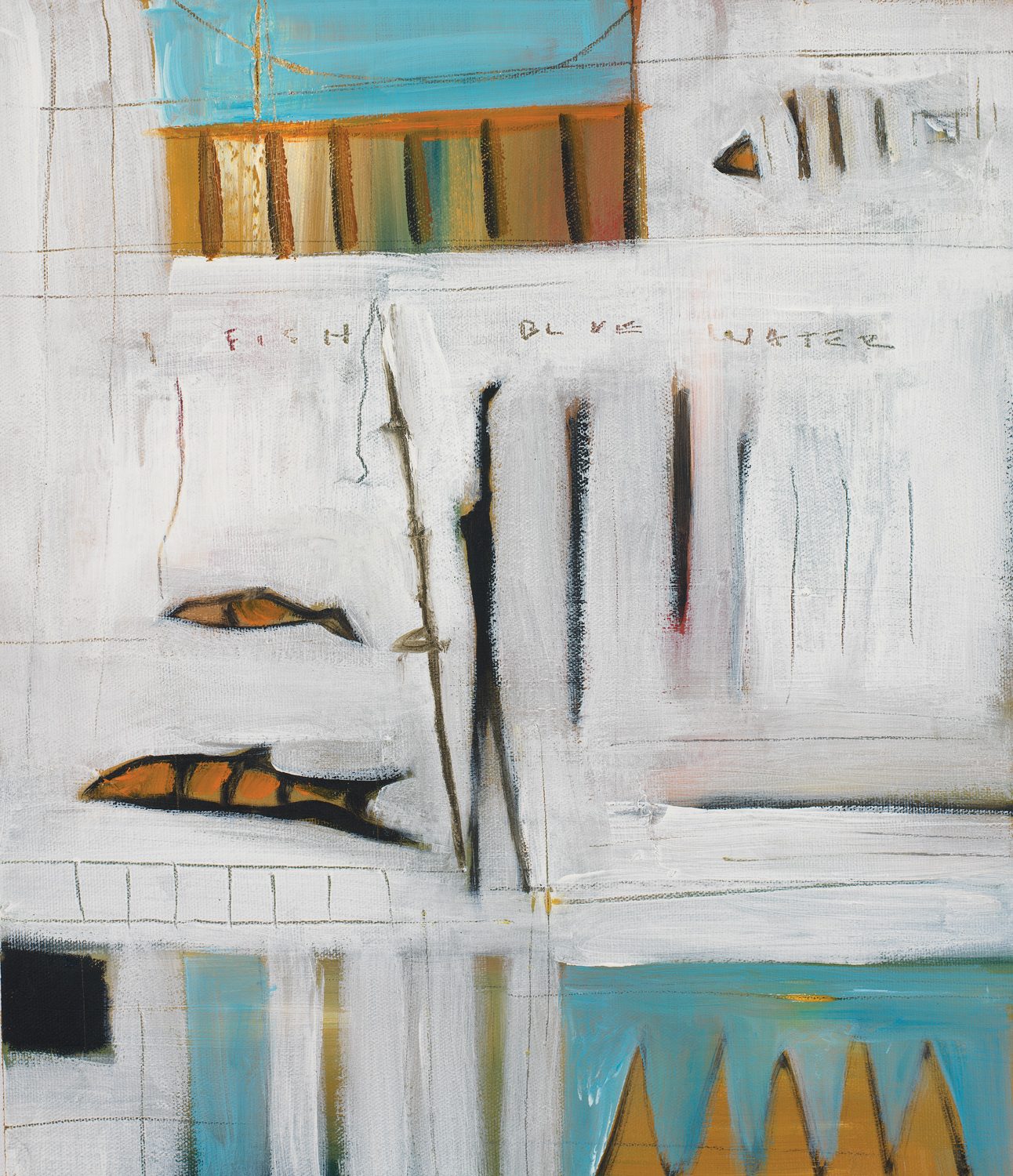 Coastal abstract artwork with loose lines, patchwork textures, a sailboat, fish, and figure drifting among nautical shapes.