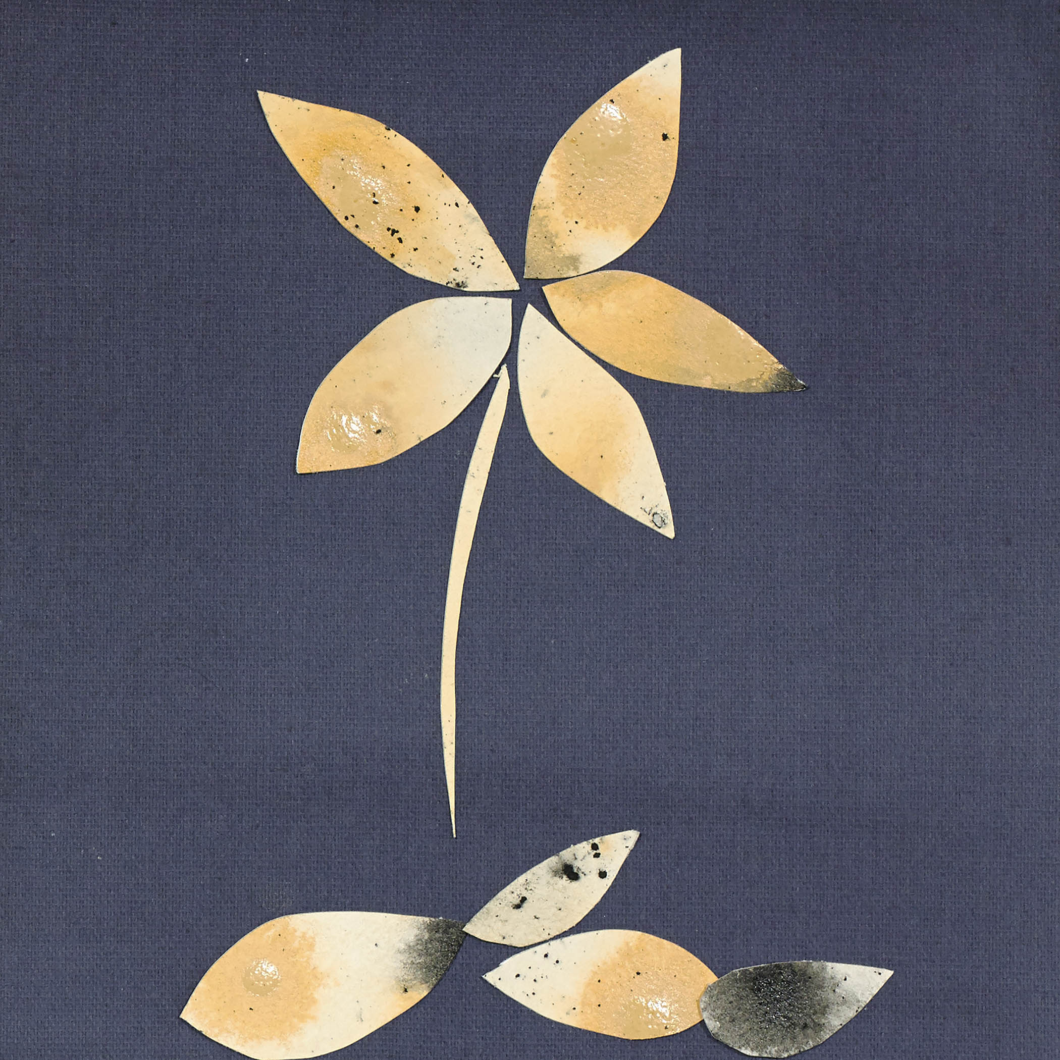 Minimalist floral artwork with a delicate abstract flower and scattered petals in gold and black against a deep charcoal background.