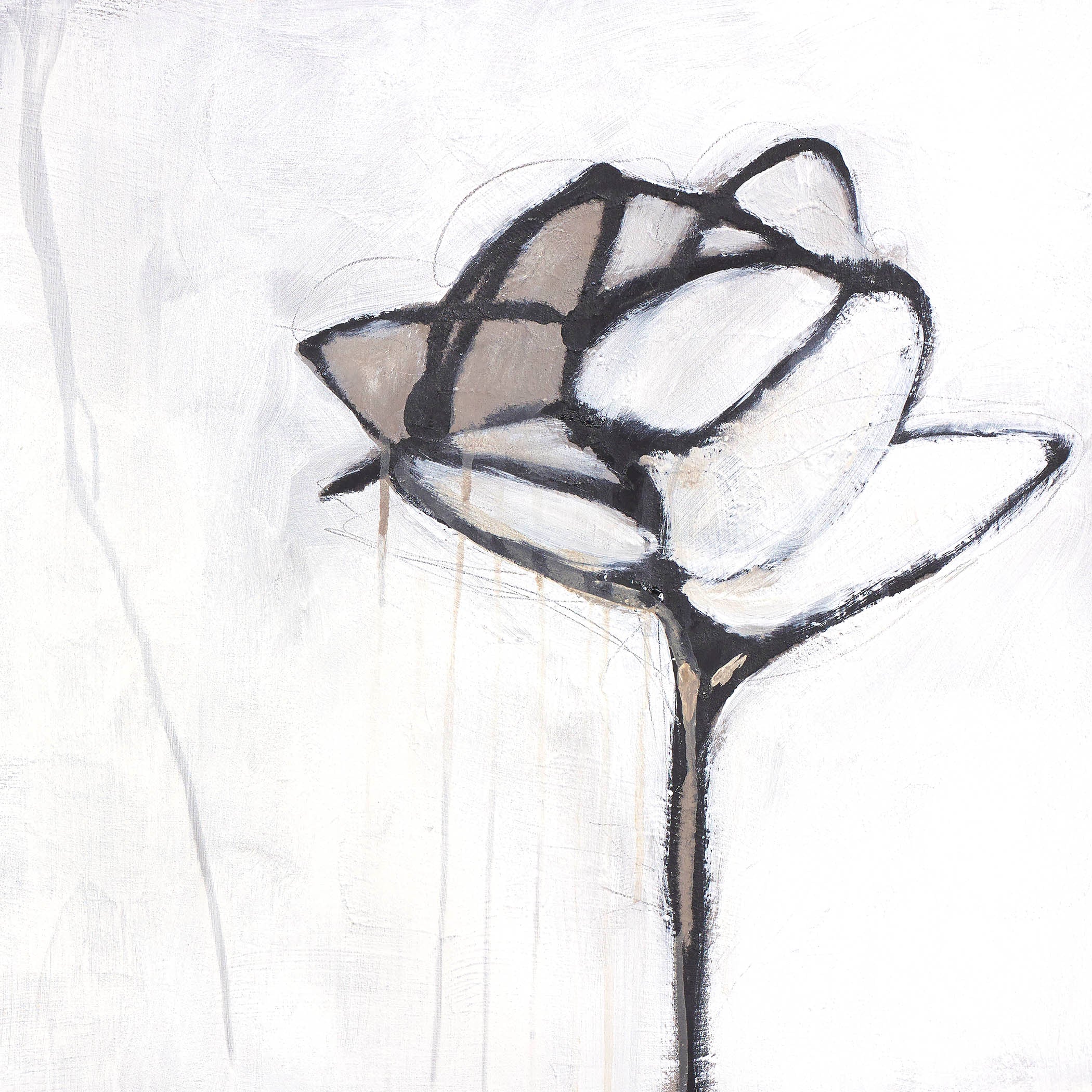 Minimalist floral artwork with a delicate black bloom on textured white canvas, evoking movement and stillness in a poetic, modern style