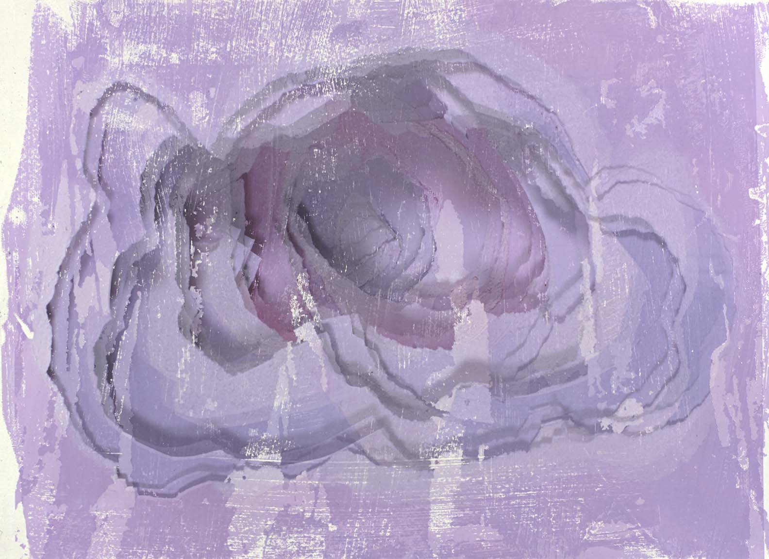 Abstract artwork with gentle, flowing lavender and pastel layers, accented by subtle textured brushstrokes for a serene, dreamy effect.