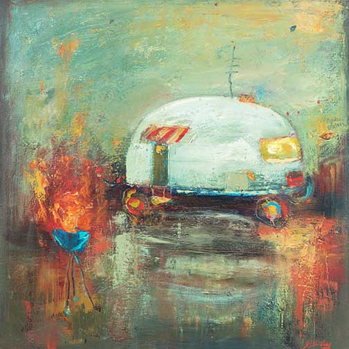 Camping in the Airstream artwork with a vintage trailer, firelight, and glowing reflections painted in expressive, nostalgic brushstrokes.