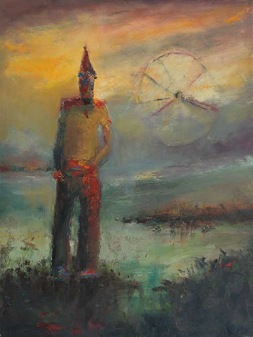 Surreal figure with ferris wheel at dusk, half-shadow and half-man, set against a glowing horizon with an eerie, dreamlike mood.