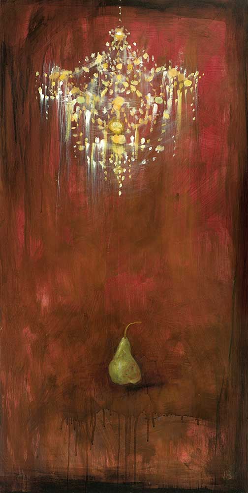 Chandelier with Pear artwork showing a luminous chandelier above a green pear on a richly layered crimson ground, blending baroque drama with mystery.