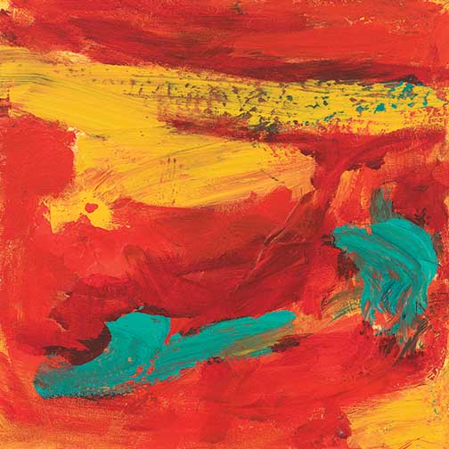 Brush III abstract painting with fiery reds, bold yellow streaks, and flashes of teal, a raw composition pulsing with energy and emotion.