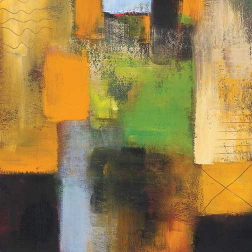 Vibrant abstract painting with bold blocks of ochre, chartreuse, black, and crimson, layered with textured strokes and rhythmic energy.