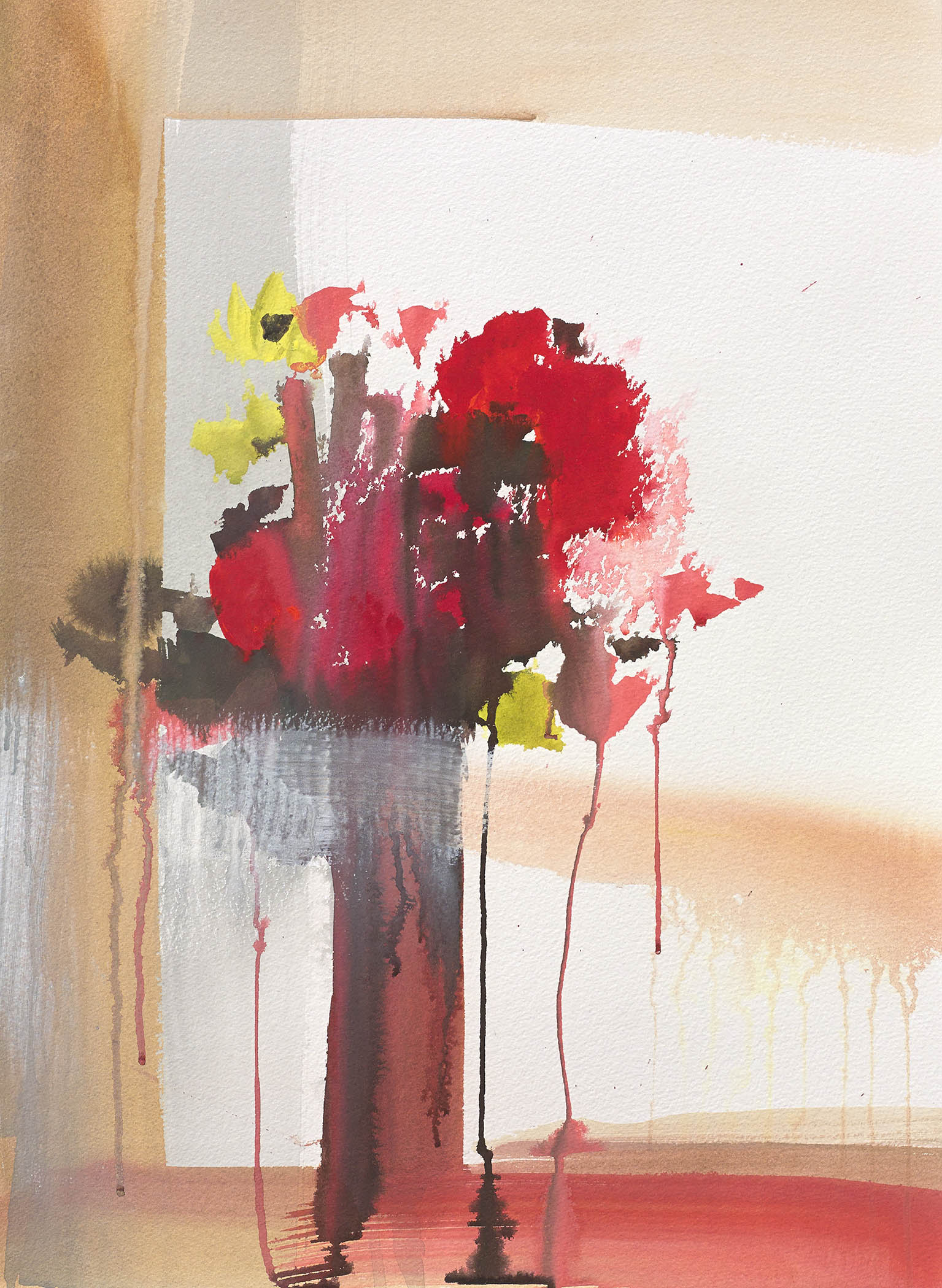 Expressive watercolor floral still life with loose reds, pinks, and yellows, featuring soft drips and gradients that evoke fading, fragile blooms.