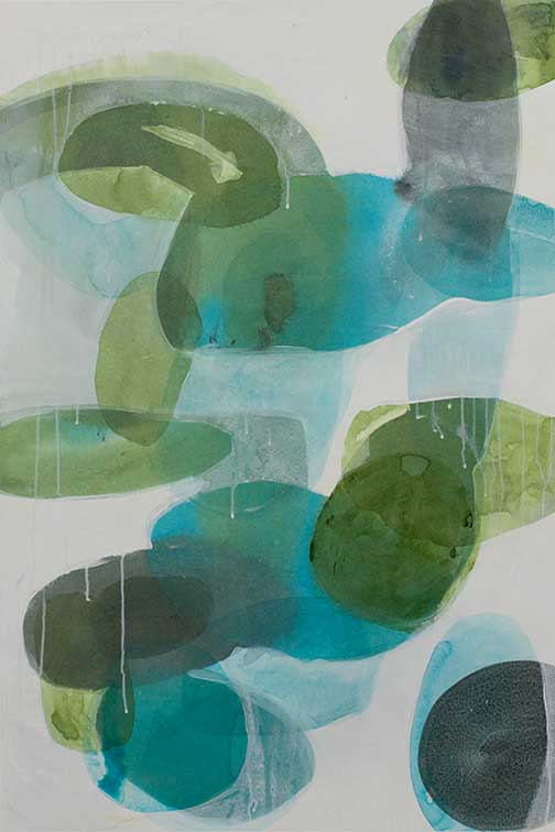 Abstract atmospheric painting in teal, green, and graphite with soft gradients and fluid organic forms.