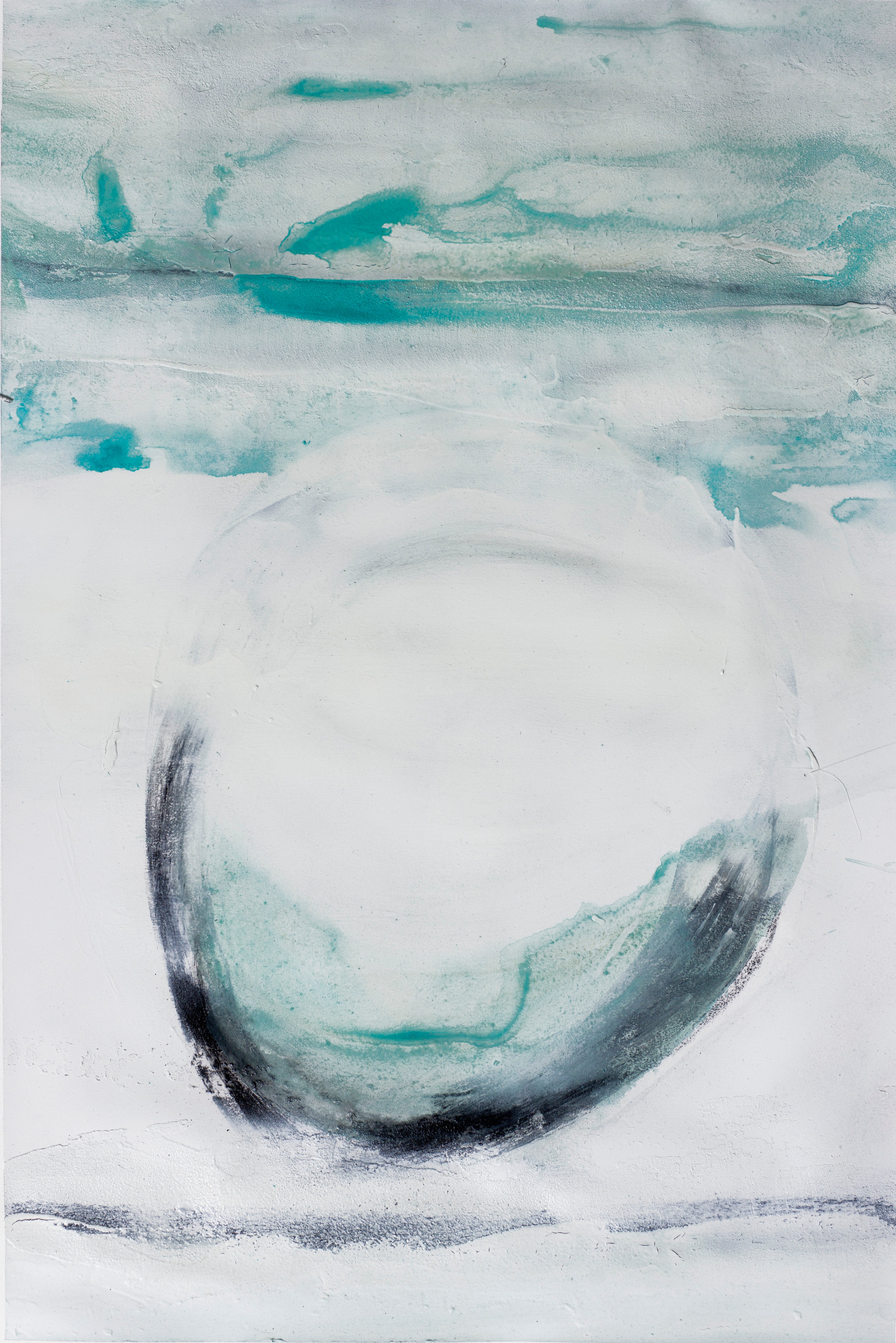 Minimalist abstract painting with soft turquoise watercolor washes accented by charcoal, evoking serene qualities of water and sky.