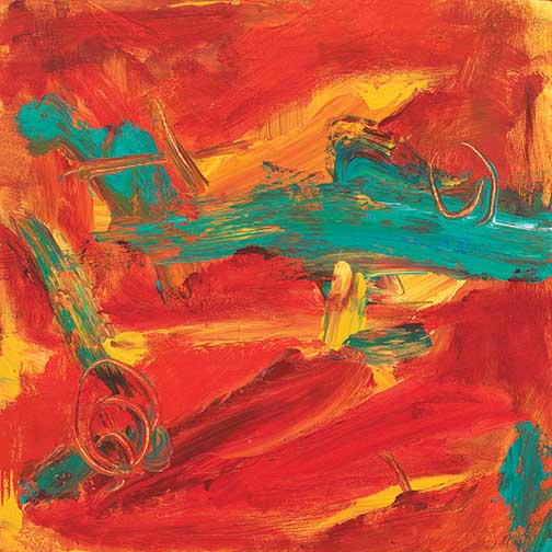 Brush I abstract painting with fiery reds, electric teal, and golden accents, igniting the canvas with movement and raw painterly energy.