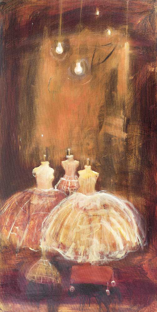 Dreamy dress form painting with ethereal layers and golden light against a rich textured backdrop, blending fashion with fantasy.