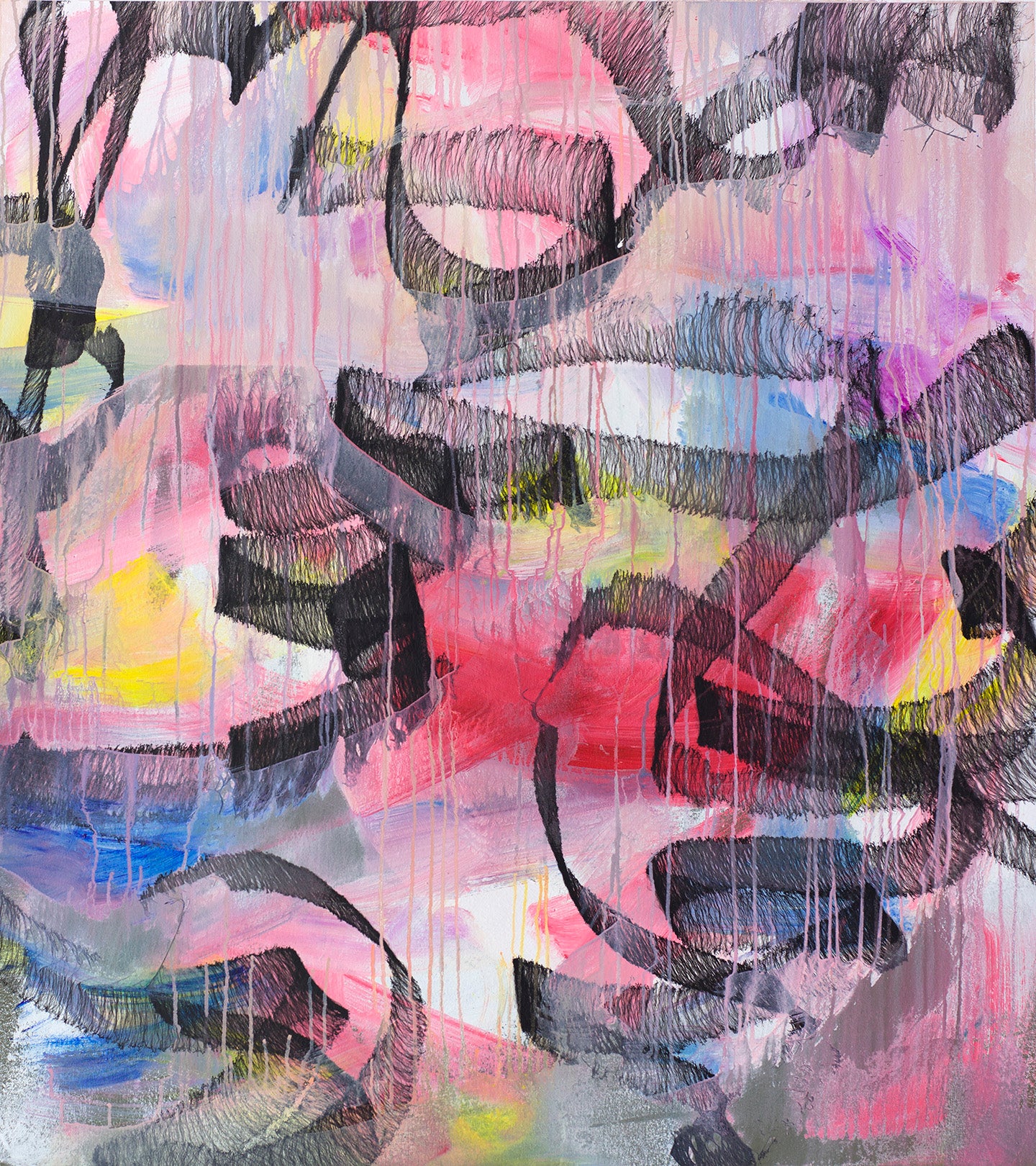 Expressive abstract painting with dynamic brushwork, pink, blue, yellow, lavender, bold black strokes, and soft drips.